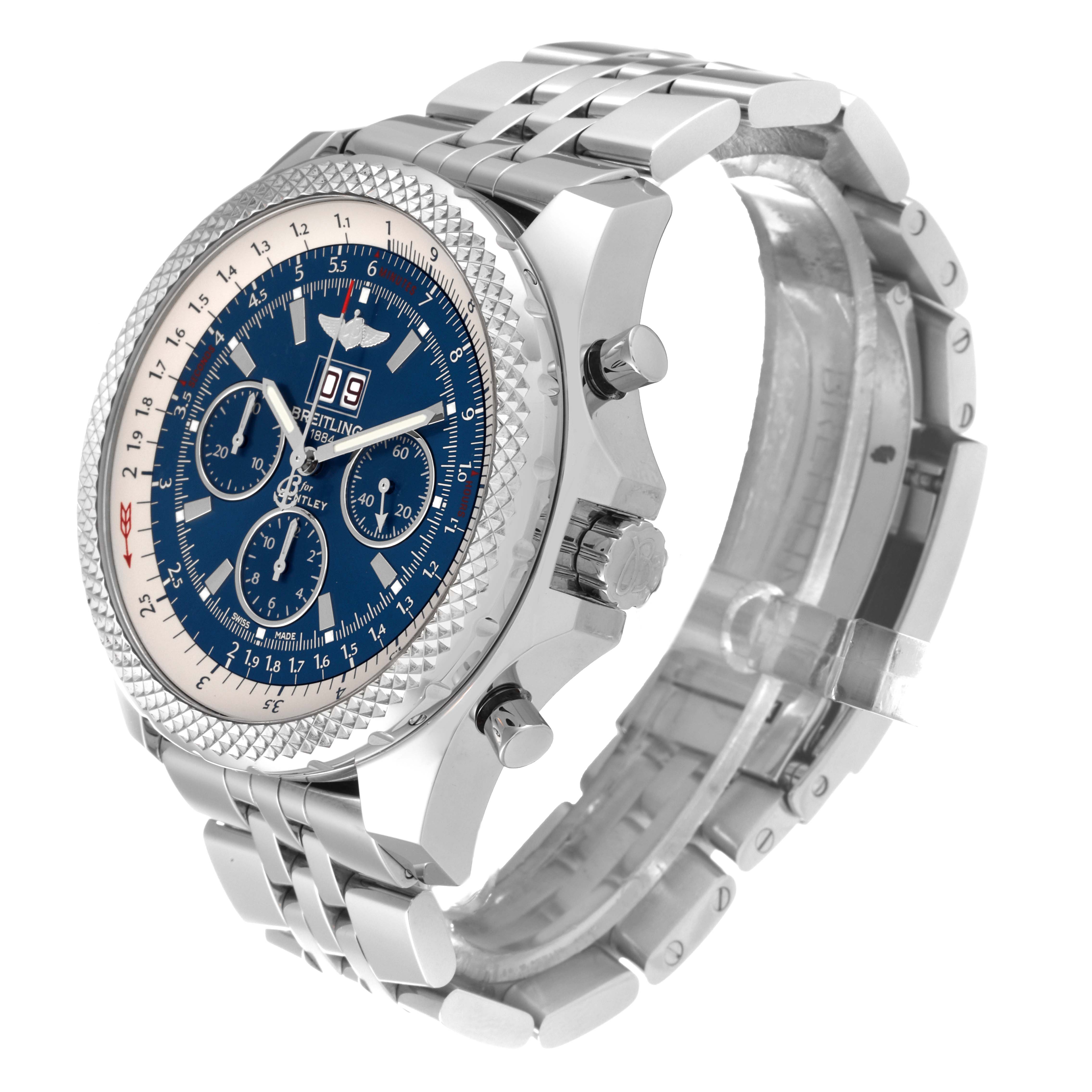 The image shows a side view of a Breitling Bentley A44364 Men's Stainless Steel Blue Dial A44364 Men's Stainless Steel Blue Dial watch, highlighting its face, bezel, and metal bracelet.