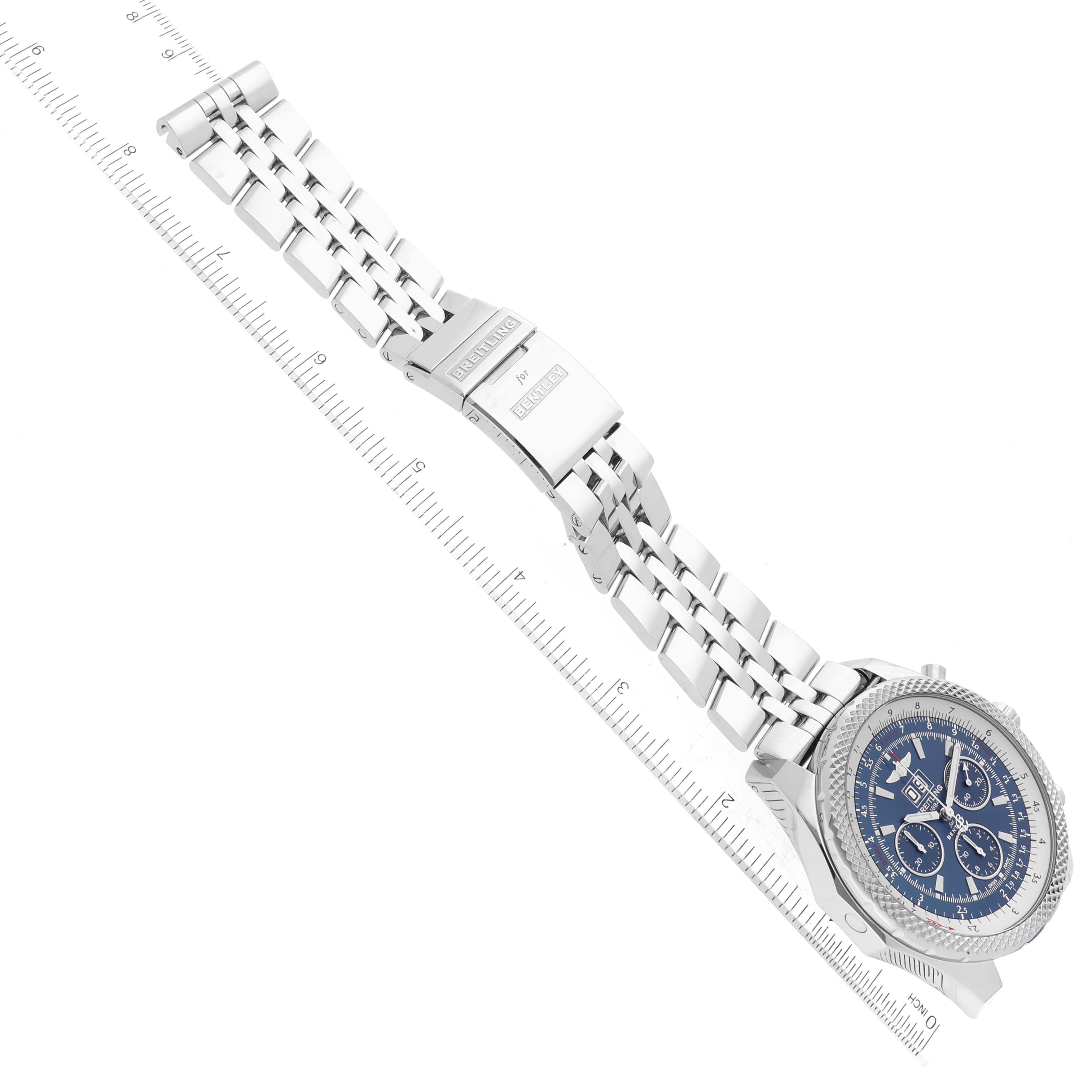 The image shows a Bentley model watch by Breitling at an oblique angle, highlighting its bracelet and clasp.