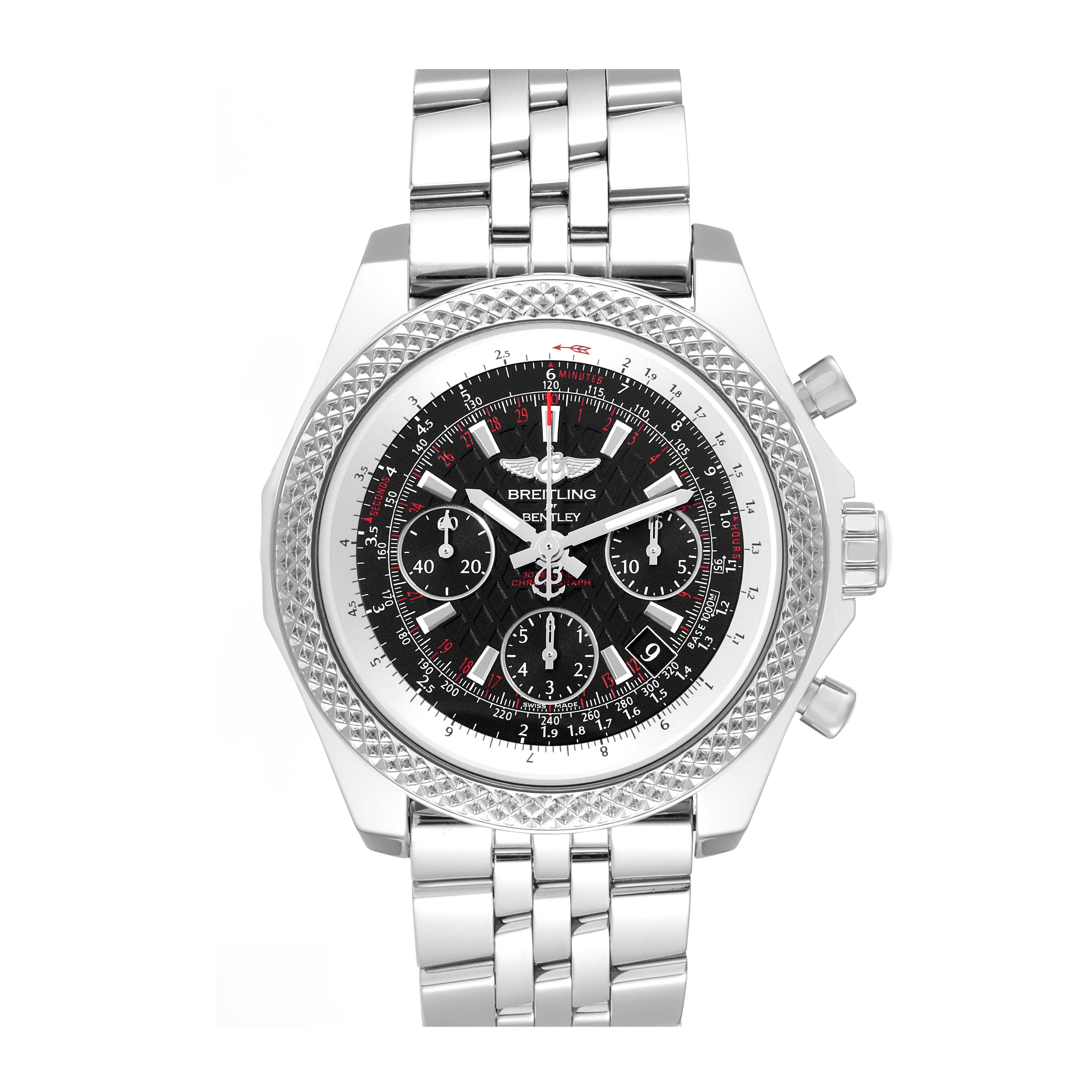 The image shows a front view of the Breitling Bentley AB0612 Men's Stainless Steel Black Dial AB0612 Men's Stainless Steel Black Dial watch, displaying its dial, bezel, and bracelet.