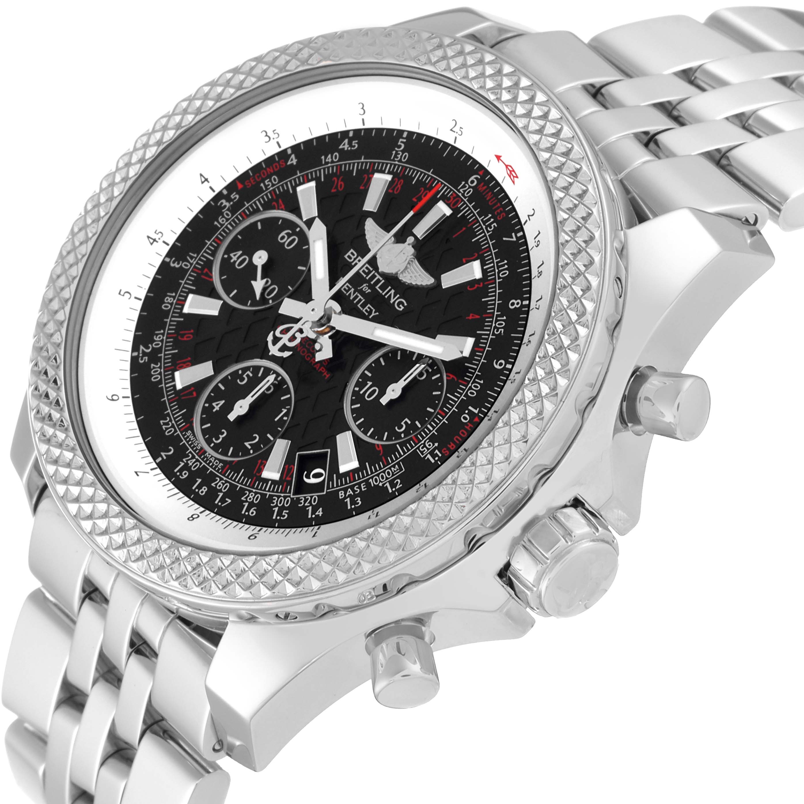 The Breitling Bentley AB0612 Men's Stainless Steel Black Dial AB0612 Men's Stainless Steel Black Dial watch is shown at an angle emphasizing its face, bezel, and crown, with a partial view of the metal bracelet.