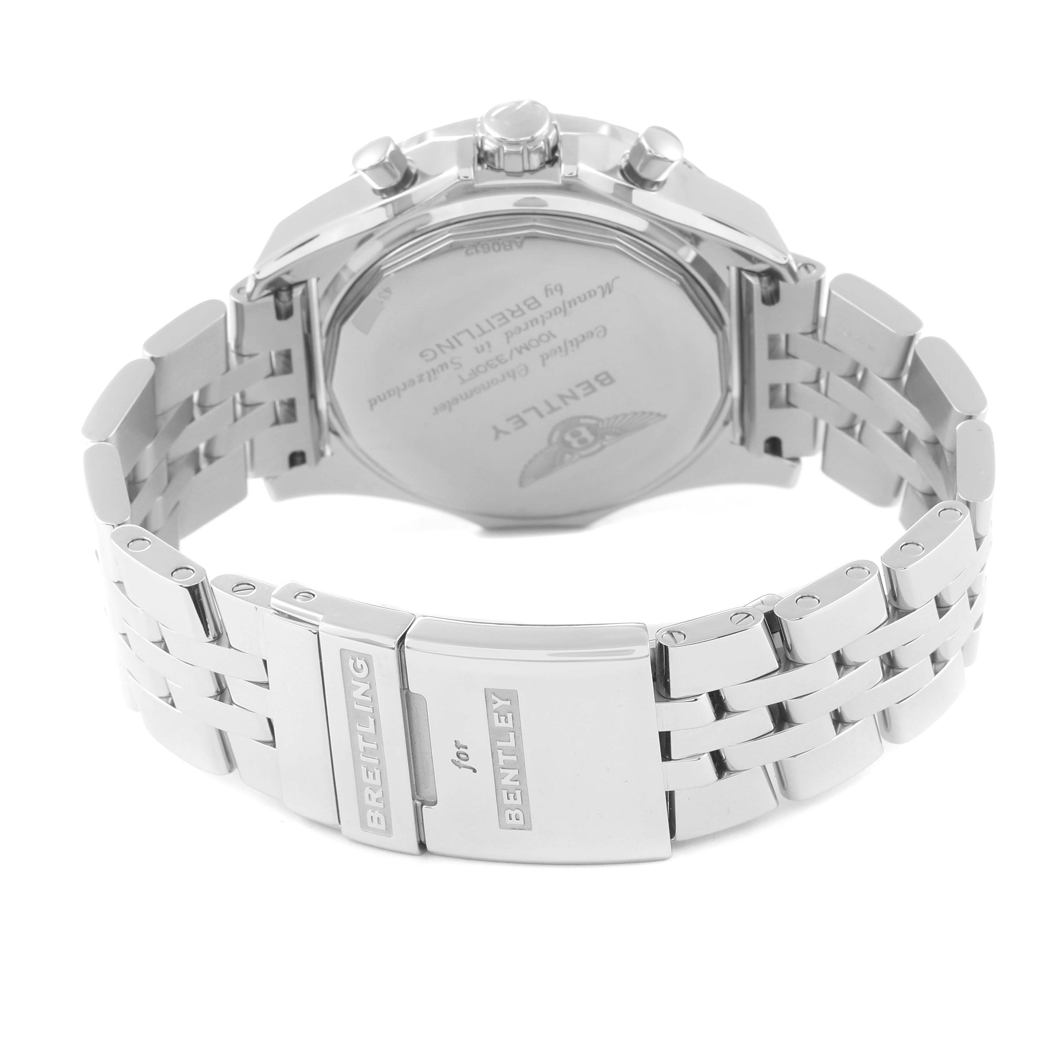 The image shows the back view and clasp of a Breitling Bentley AB0612 Men's Stainless Steel Black Dial AB0612 Men's Stainless Steel Black Dial model watch, highlighting the engraved branding.