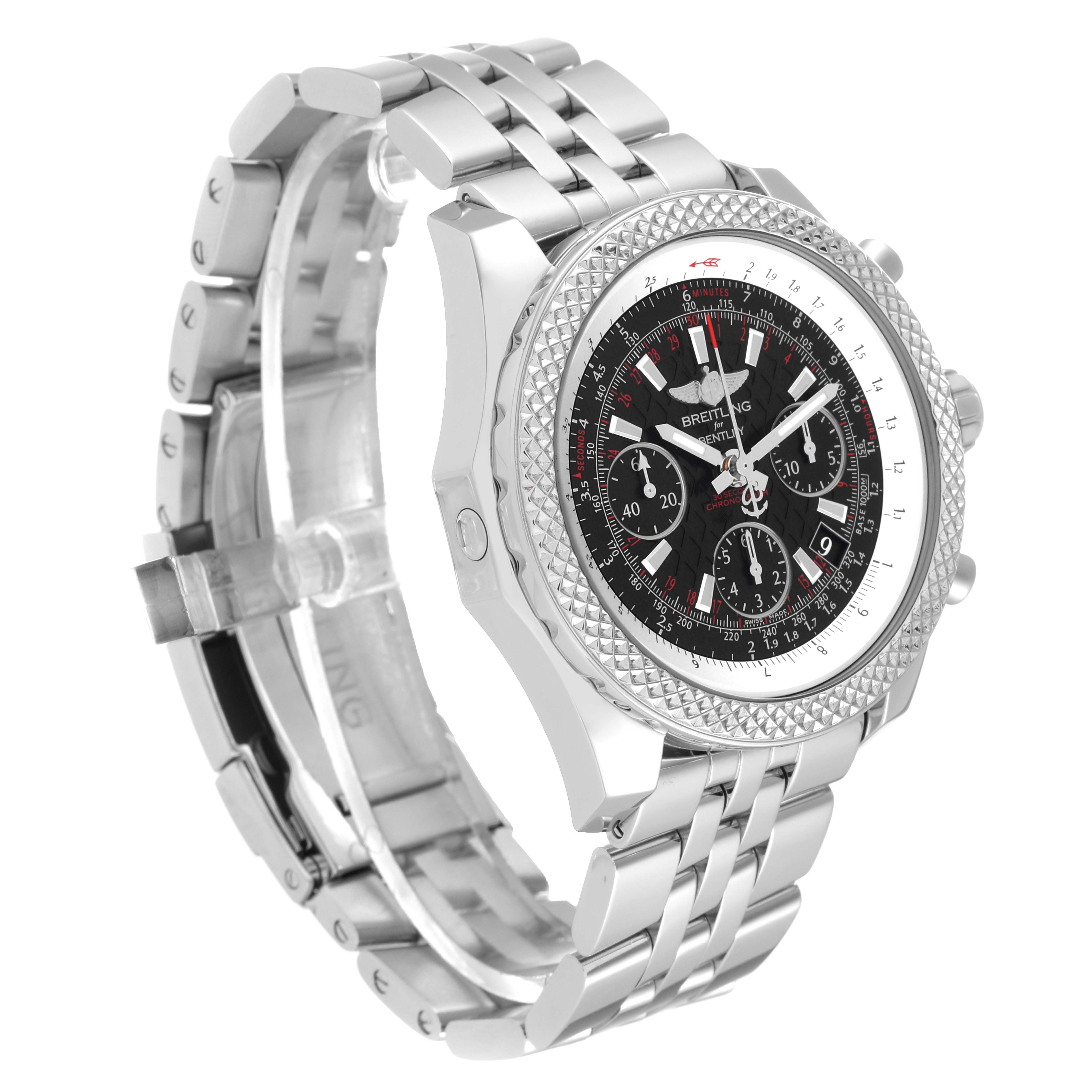 This image shows a Breitling Bentley AB0612 Men's Stainless Steel Black Dial AB0612 Men's Stainless Steel Black Dial model watch at a three-quarter angle, featuring the face, bezel, and part of the metal bracelet.