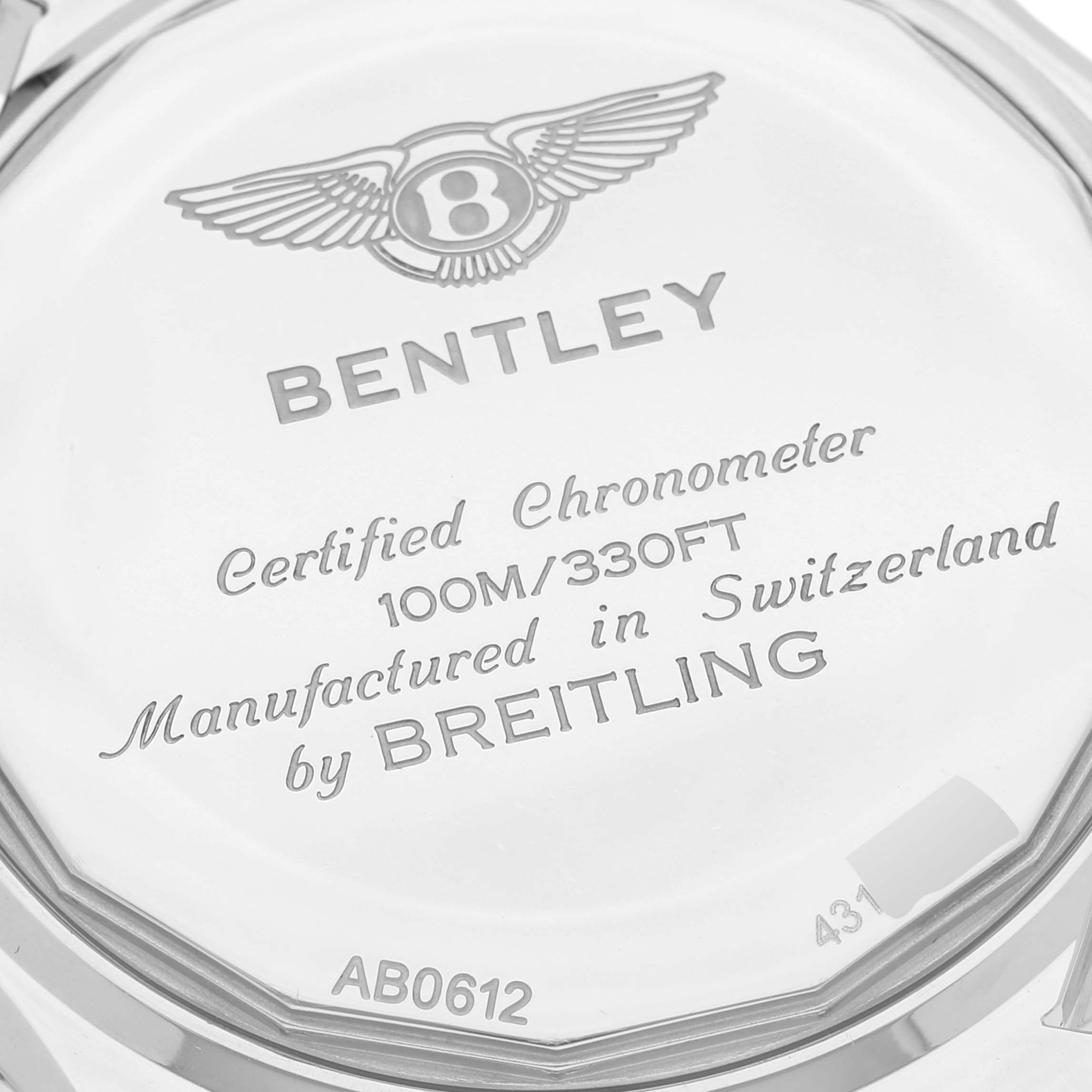 The image shows the back case of a Breitling Bentley AB0612 Men's Stainless Steel Black Dial AB0612 Men's Stainless Steel Black Dial watch, displaying model information and certification details.