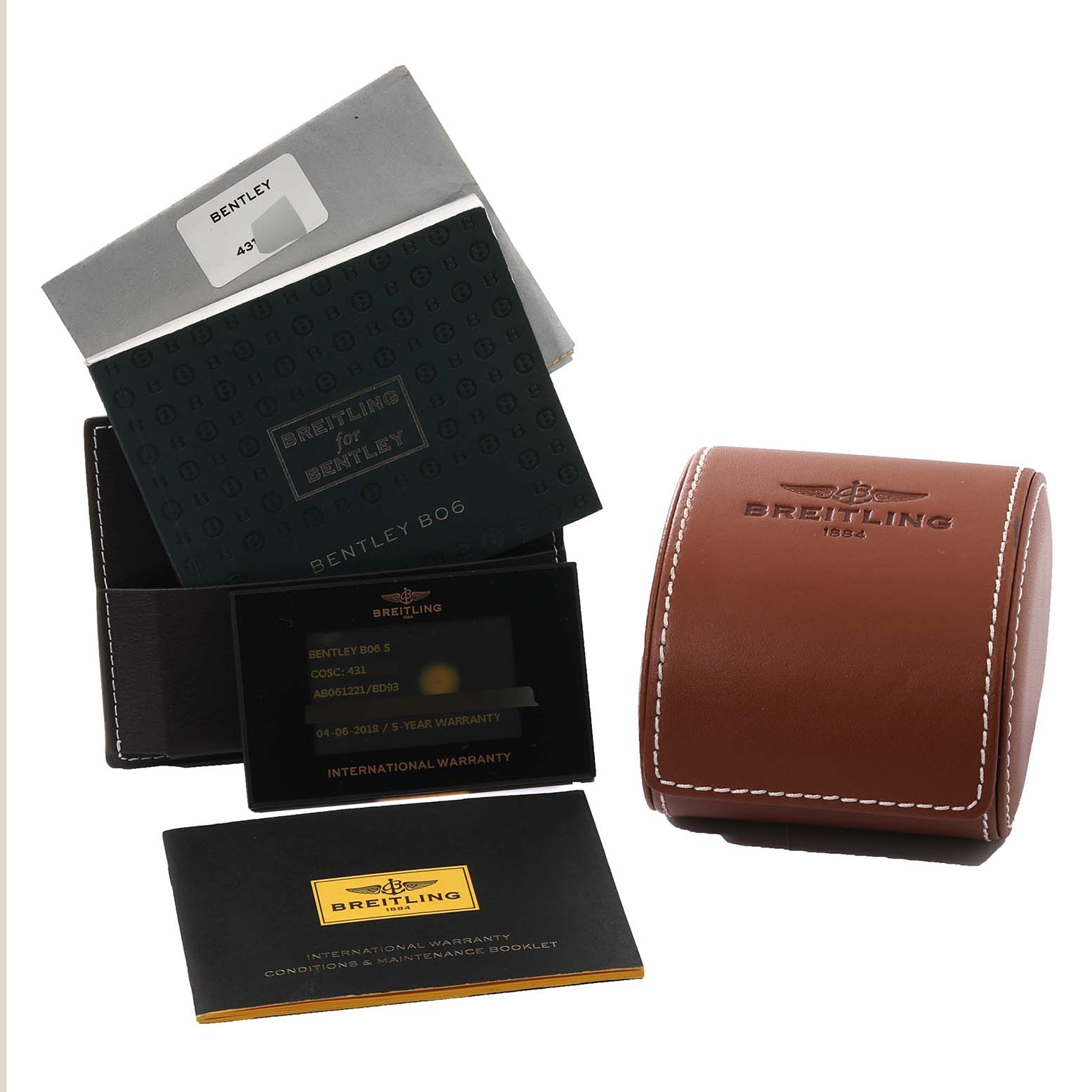 Breitling Bentley AB0612 Men's Stainless Steel Black Dial AB0612 Men's Stainless Steel Black Dial model accessories shown include the box, case, warranty card, and booklet.