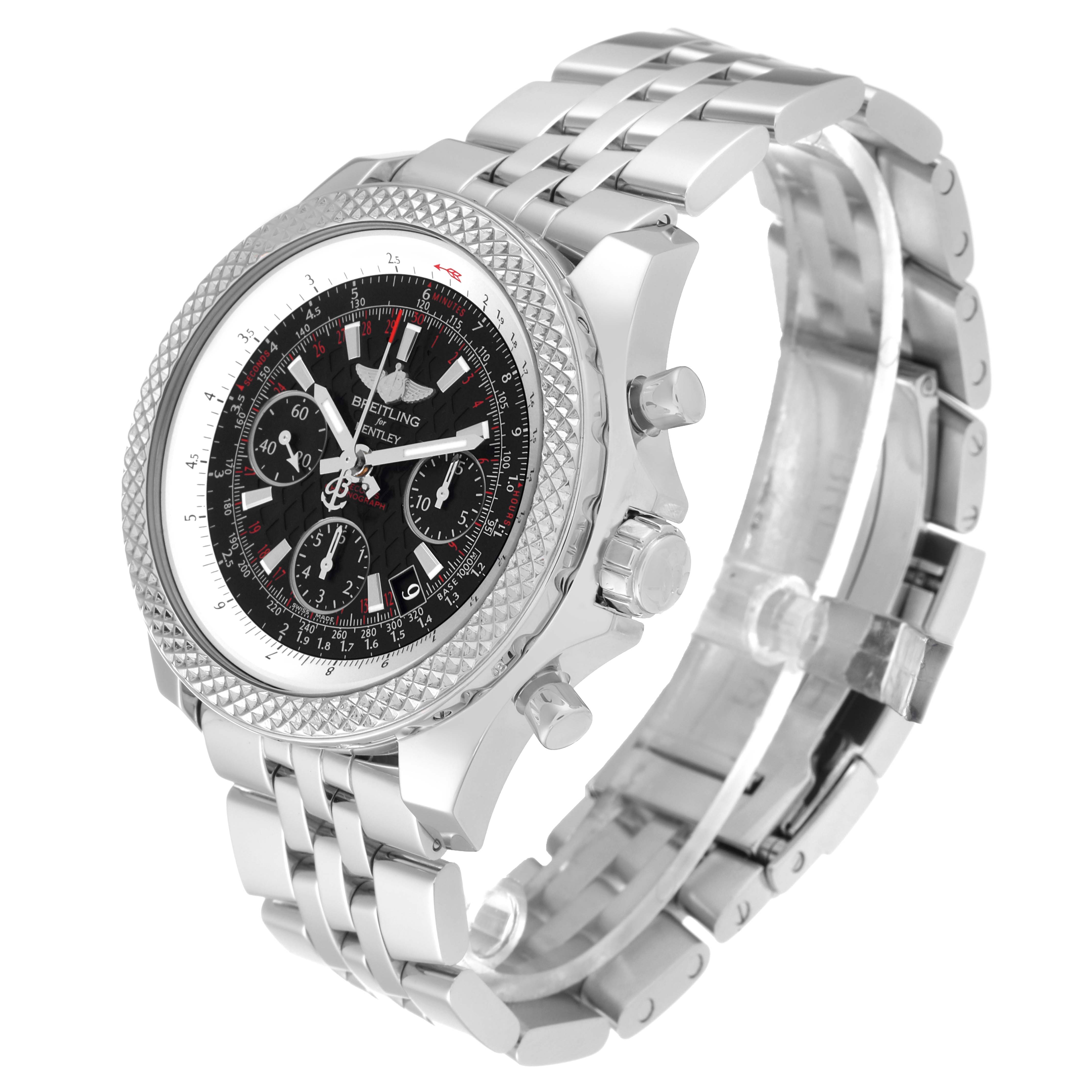 The Breitling Bentley AB0612 Men's Stainless Steel Black Dial AB0612 Men's Stainless Steel Black Dial model watch is shown at a three-quarter angle, highlighting the face, bezel, and metal bracelet.