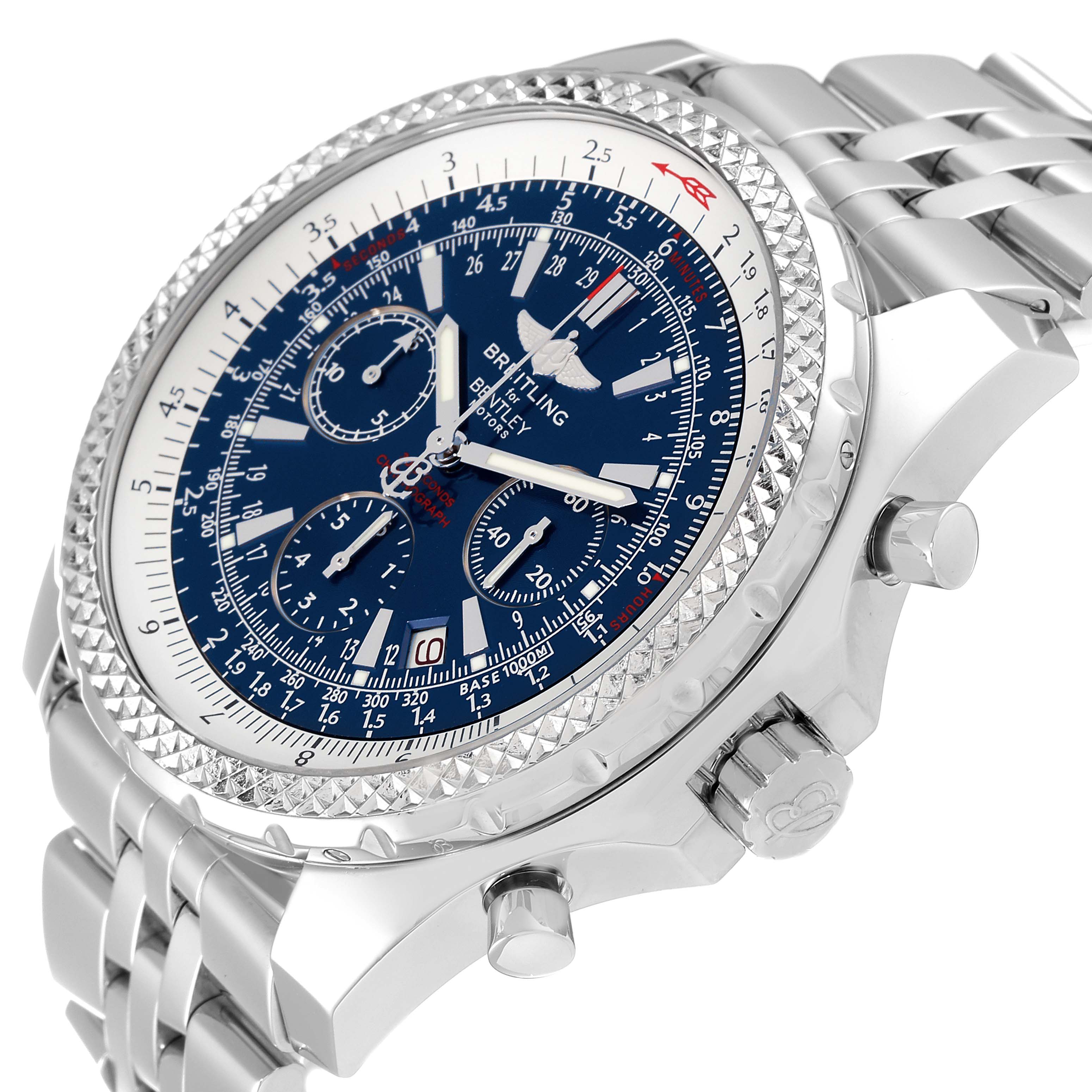 The Breitling Bentley A25362 Men's Stainless Steel Blue Dial A25362 Men's Stainless Steel Blue Dial watch is shown at a three-quarters angle, displaying the bezel, dial, crown, pushers, and part of the bracelet.