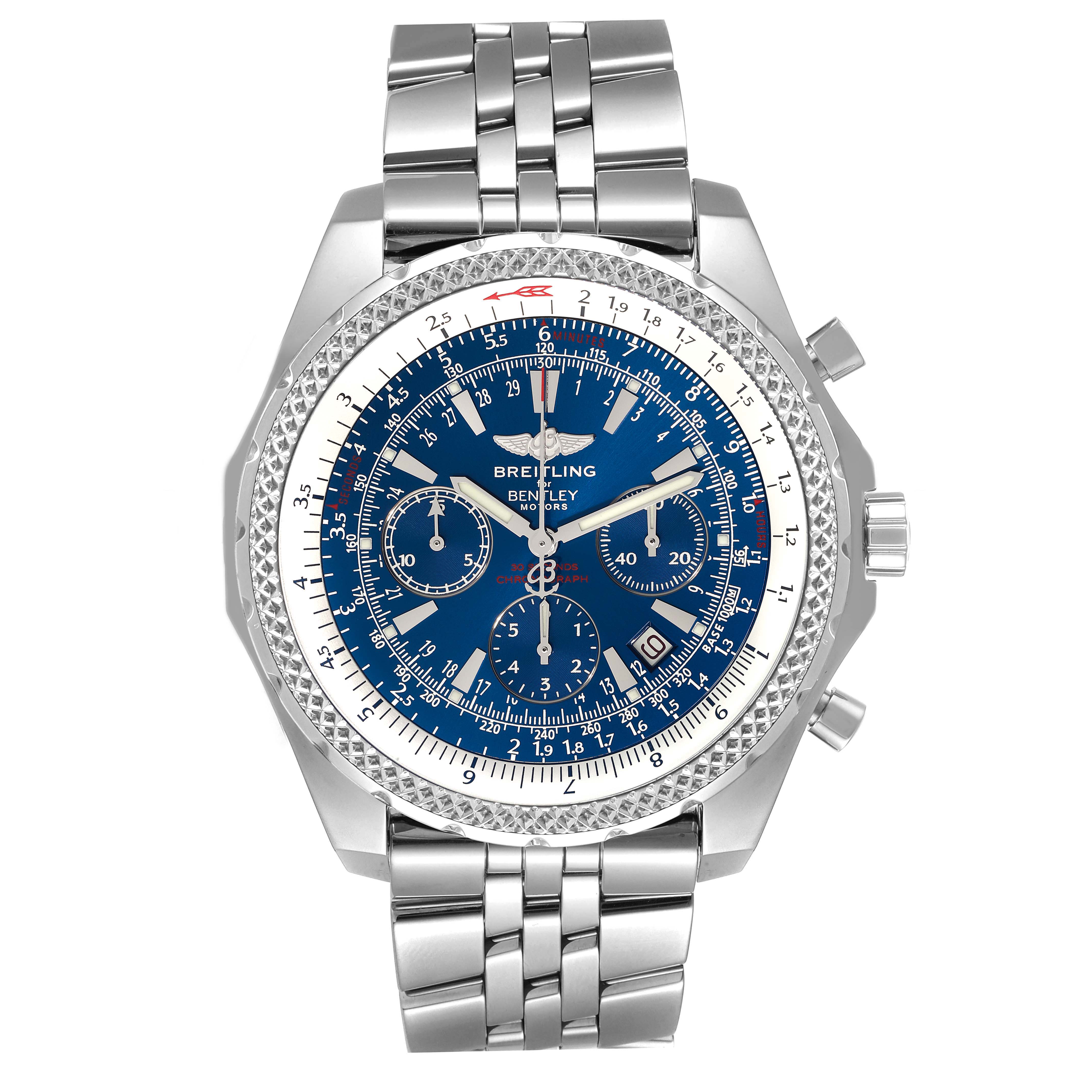 The Breitling Bentley A25362 Men's Stainless Steel Blue Dial A25362 Men's Stainless Steel Blue Dial watch features a blue dial, three subdials, and a silver metal bracelet, shown from a front view.