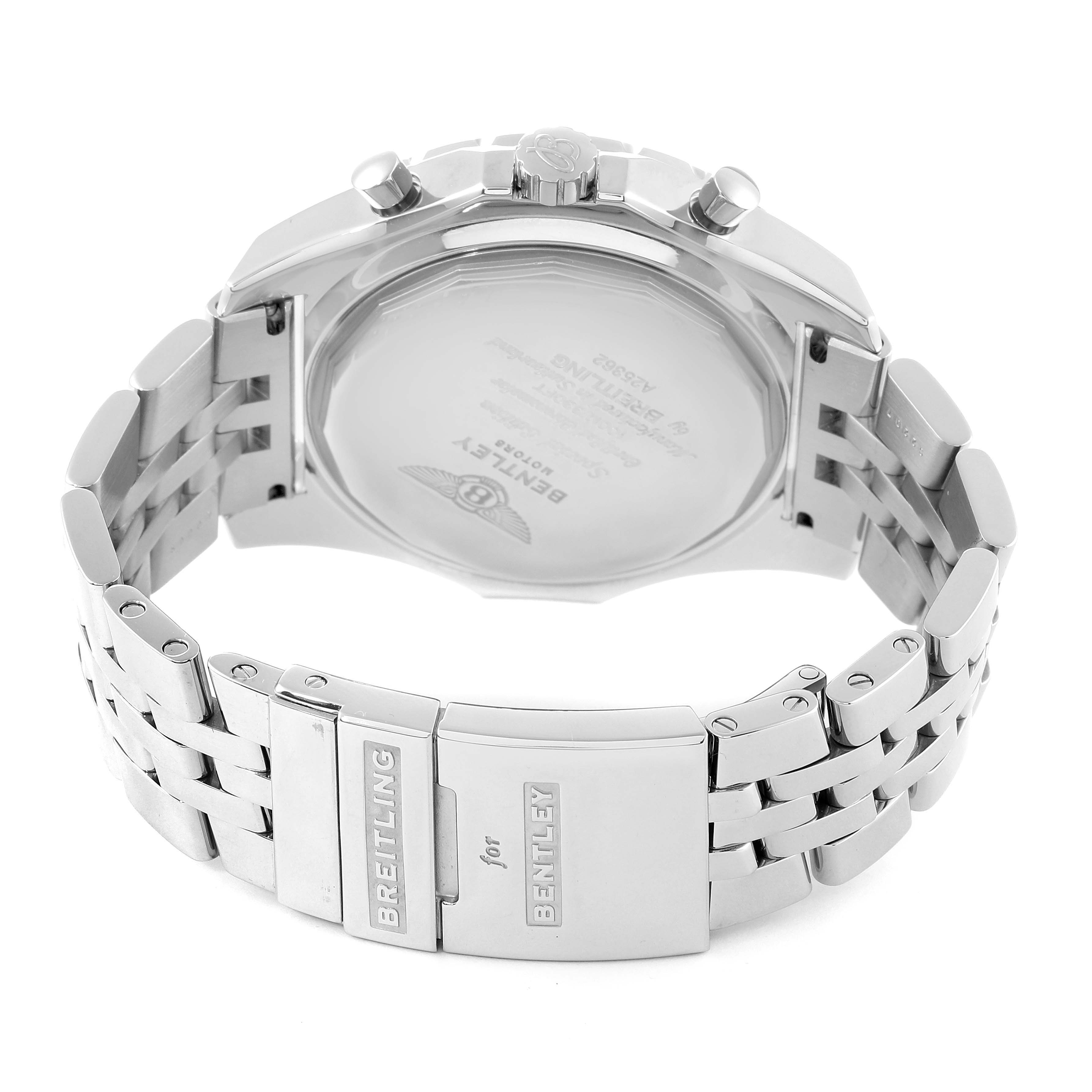 The image shows the backside and clasp of a Breitling Bentley A25362 Men's Stainless Steel Blue Dial A25362 Men's Stainless Steel Blue Dial model watch, showcasing the metal band and engraved details.