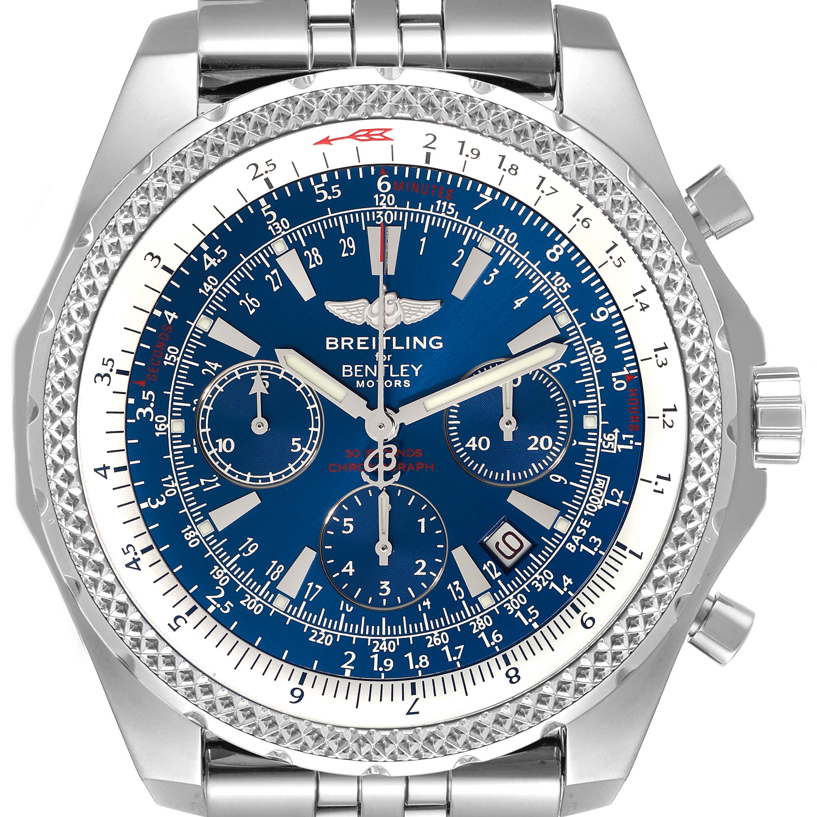 The Breitling Bentley A25362 Men's Stainless Steel Blue Dial A25362 Men's Stainless Steel Blue Dial model watch is shown from a front angle, displaying the dial, bezel, and part of the bracelet.