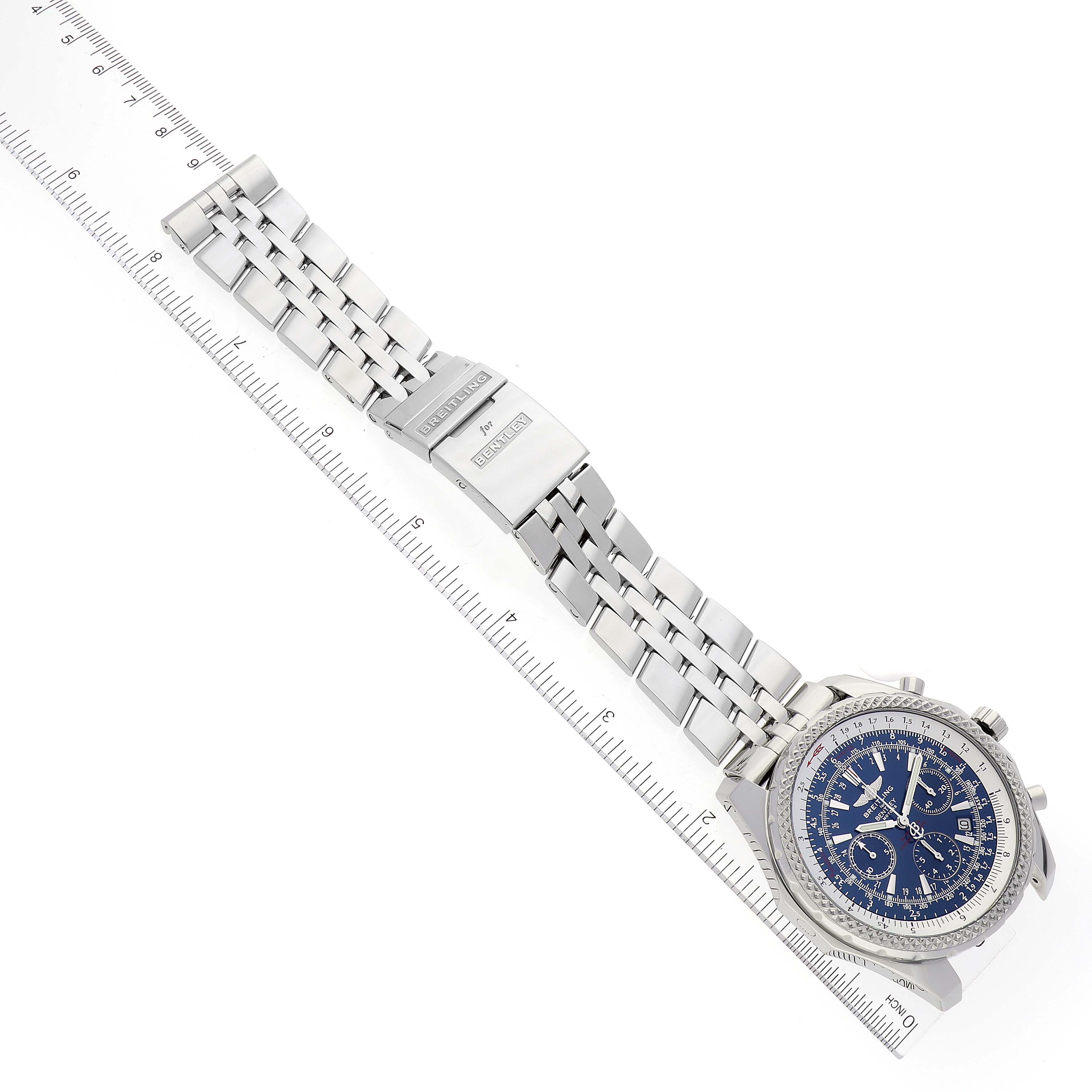 The Breitling Bentley A25362 Men's Stainless Steel Blue Dial A25362 Men's Stainless Steel Blue Dial watch is displayed flat with a focus on the bracelet and clasp, alongside a ruler for scale.