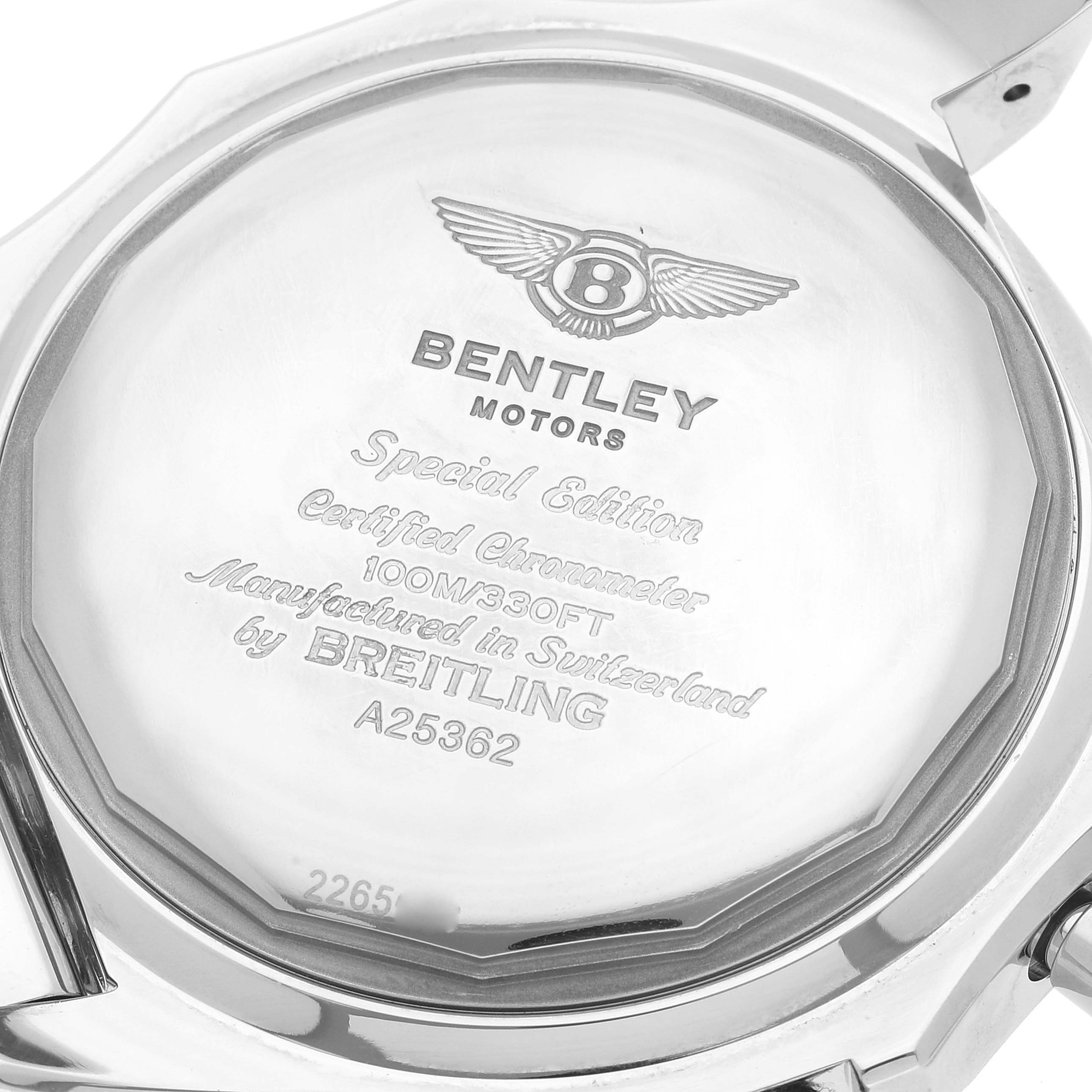 The image shows the back case of a Breitling Bentley A25362 Men's Stainless Steel Blue Dial A25362 Men's Stainless Steel Blue Dial watch at a slight angle.
