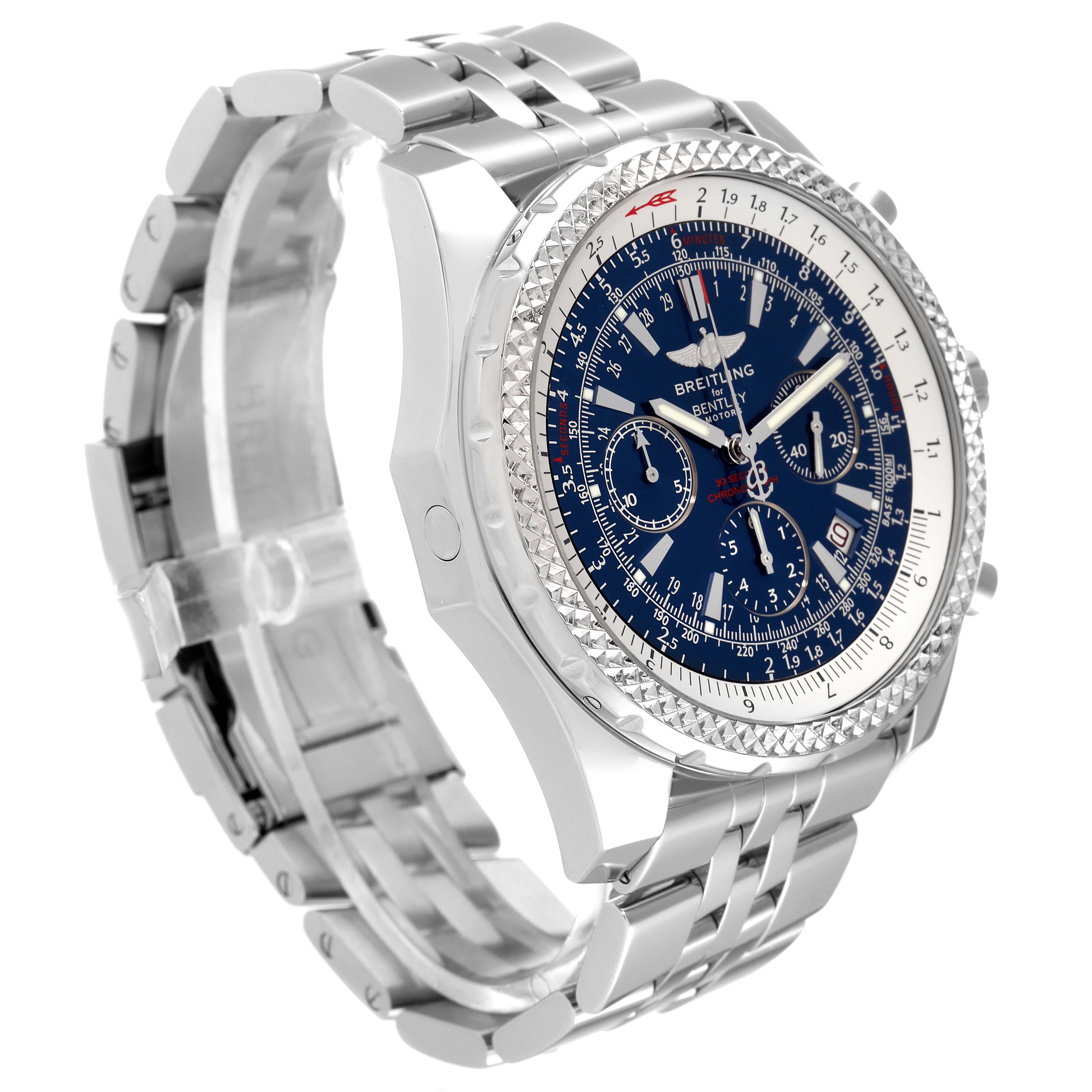 The image shows a Breitling Bentley A25362 Men's Stainless Steel Blue Dial A25362 Men's Stainless Steel Blue Dial watch from a side angle, displaying its dial, bezel, and metal strap.