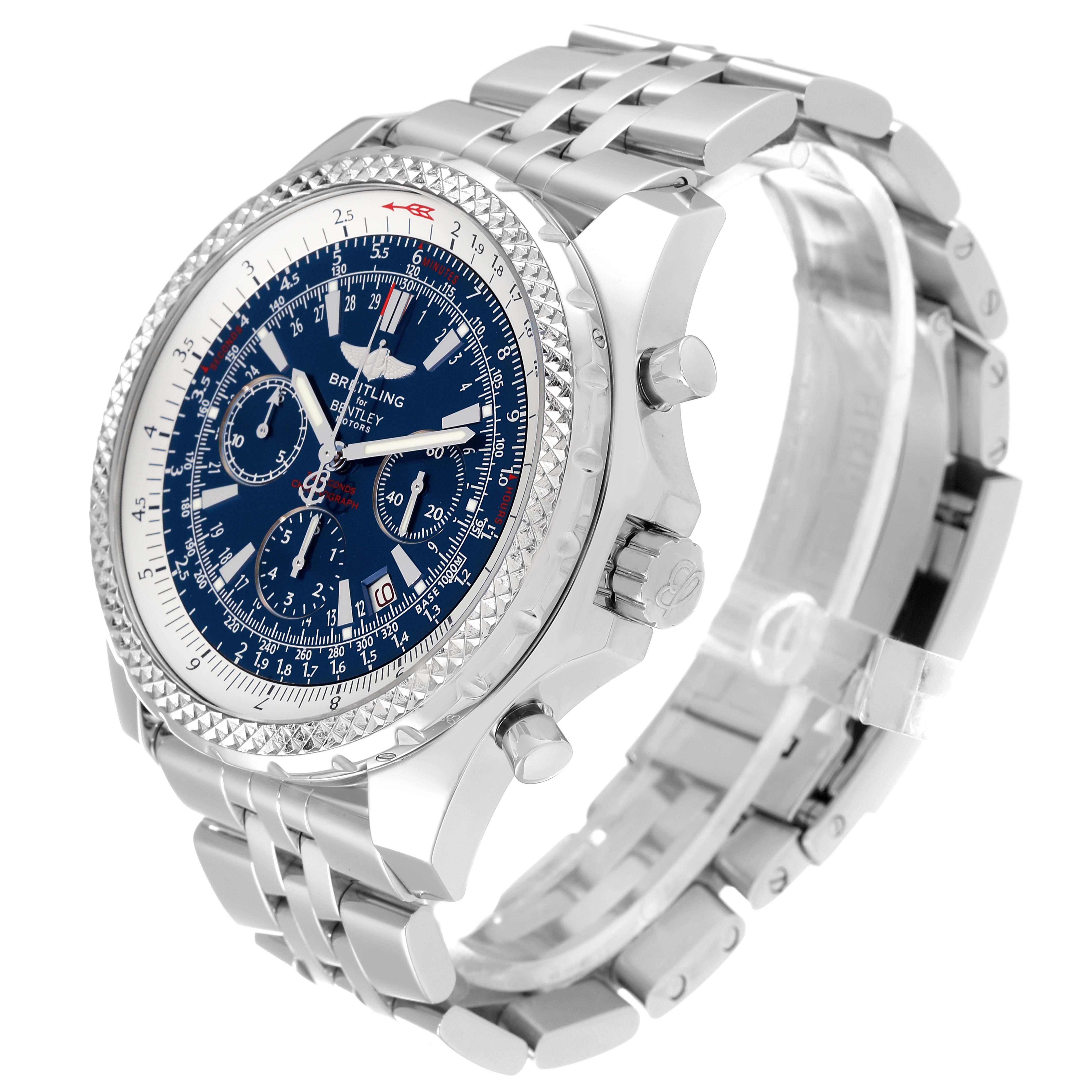 The image shows a Breitling Bentley A25362 Men's Stainless Steel Blue Dial A25362 Men's Stainless Steel Blue Dial watch angled to display its face, side buttons, and metal bracelet.