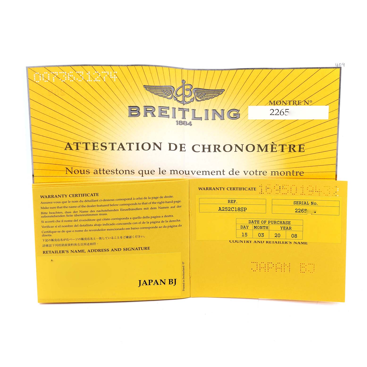 The image shows the warranty certificate and chronometer attestation for a Breitling Bentley A25362 Men's Stainless Steel Blue Dial A25362 Men's Stainless Steel Blue Dial model watch.