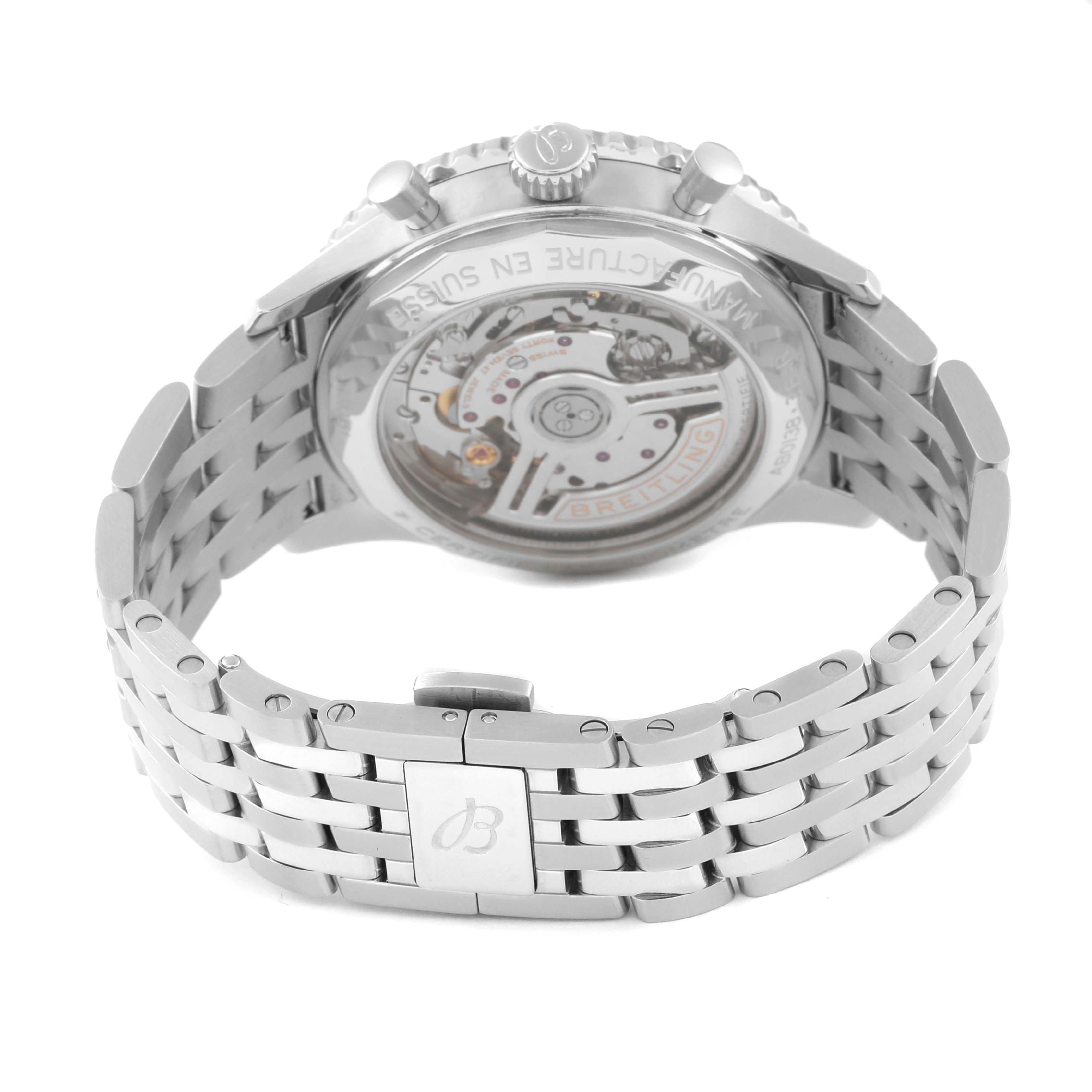 The image shows the back and bracelet of the Breitling Navitimer AB0138 Men's Stainless Steel Blue Dial AB0138 Men's Stainless Steel Blue Dial watch, highlighting its exposed movement.