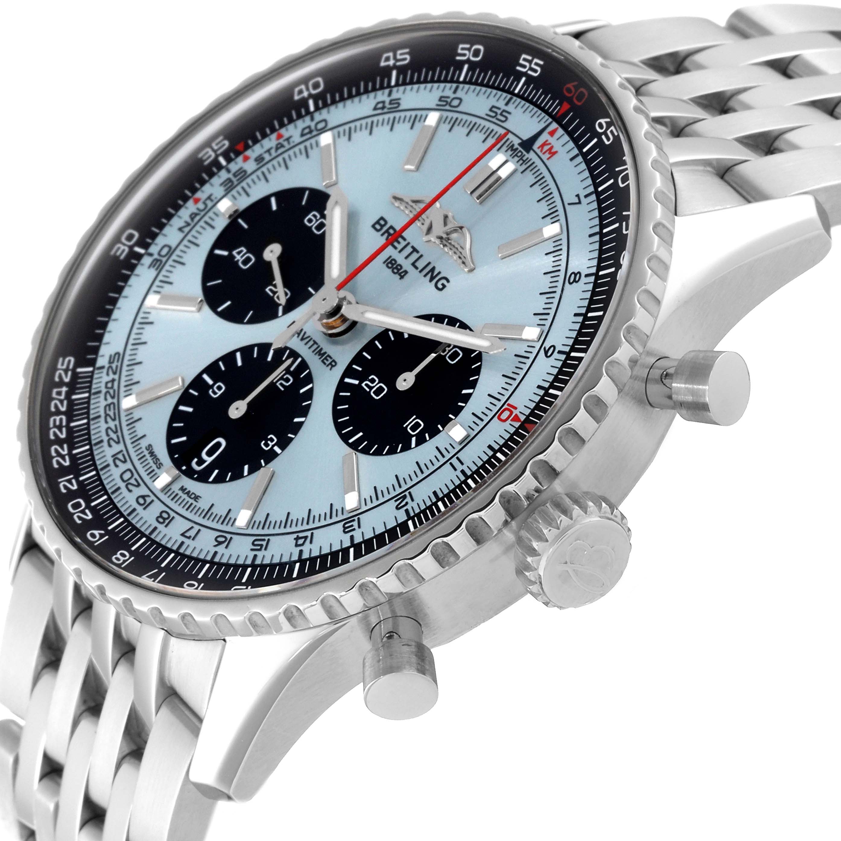 The image shows a close-up side view of the Breitling Navitimer AB0138 Men's Stainless Steel Blue Dial AB0138 Men's Stainless Steel Blue Dial watch, highlighting its crown and pushers.
