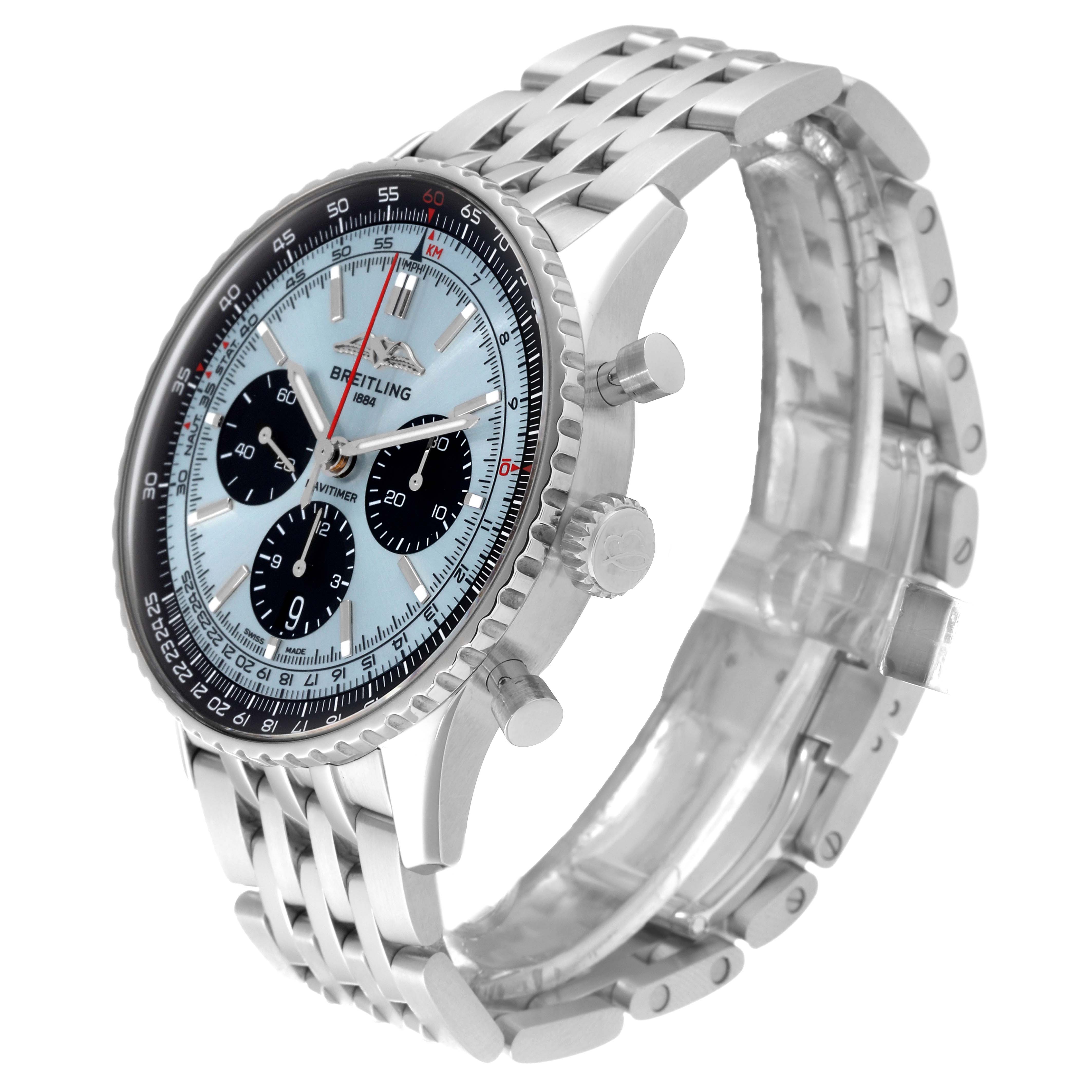 This image shows a side and front angle of the Breitling Navitimer AB0138 Men's Stainless Steel Blue Dial AB0138 Men's Stainless Steel Blue Dial watch, displaying its face, bezel, crown, pushers, and bracelet.