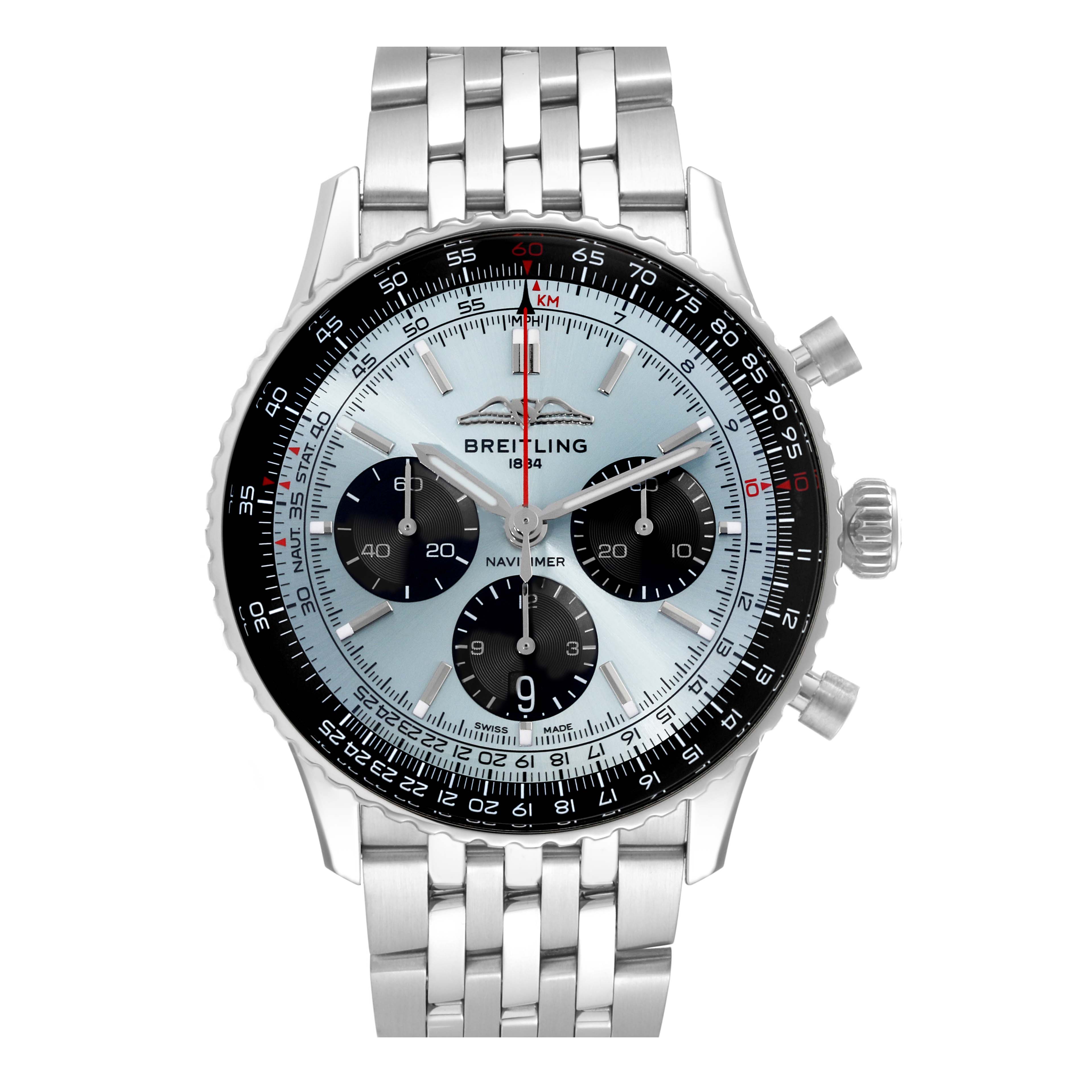 The image shows a front view of the Breitling Navitimer AB0138 Men's Stainless Steel Blue Dial AB0138 Men's Stainless Steel Blue Dial watch, highlighting its dial, subdials, bezel, and metallic bracelet.