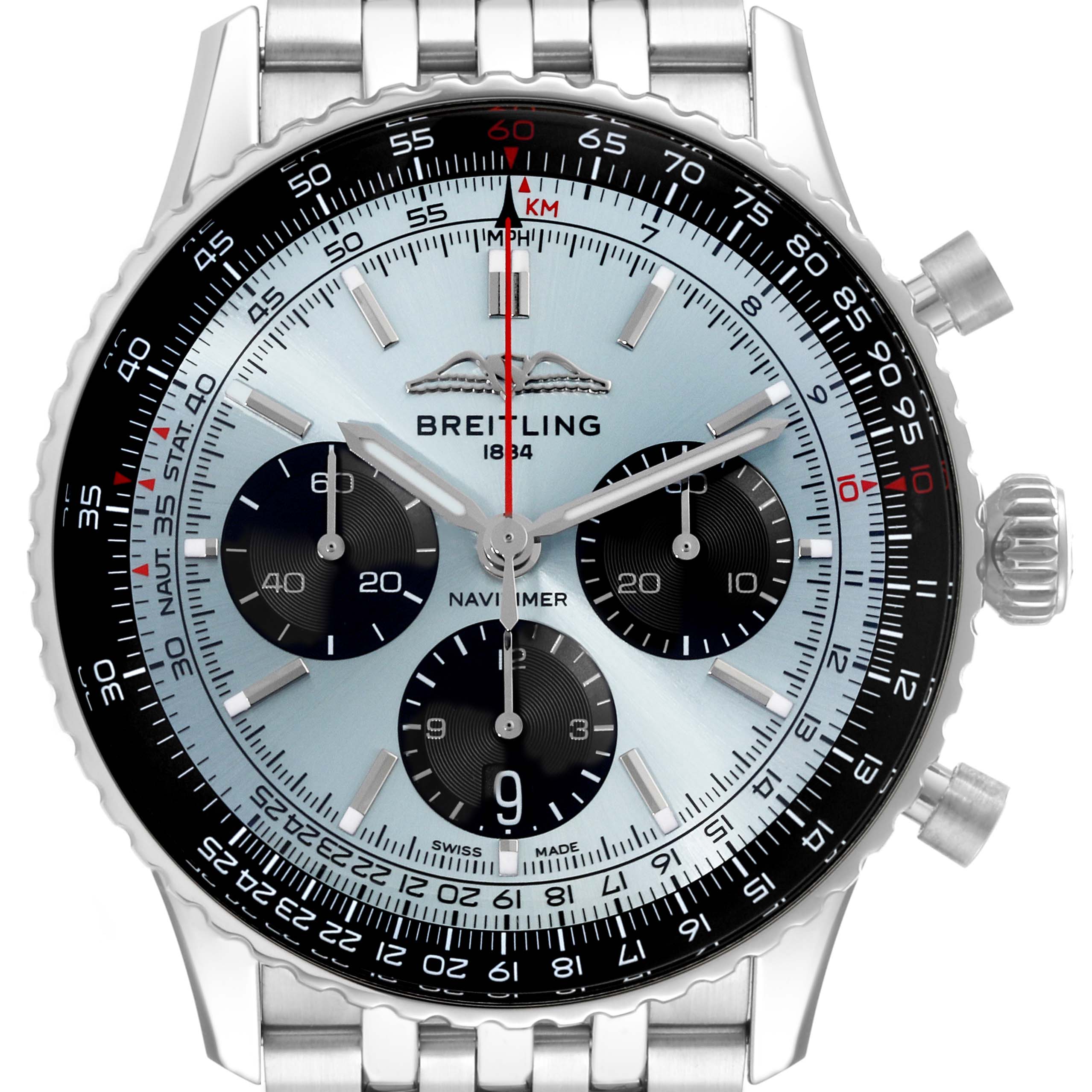 The image shows a front view of the Breitling Navitimer AB0138 Men's Stainless Steel Blue Dial AB0138 Men's Stainless Steel Blue Dial watch, highlighting the dial, subdials, bezel, and bracelet.