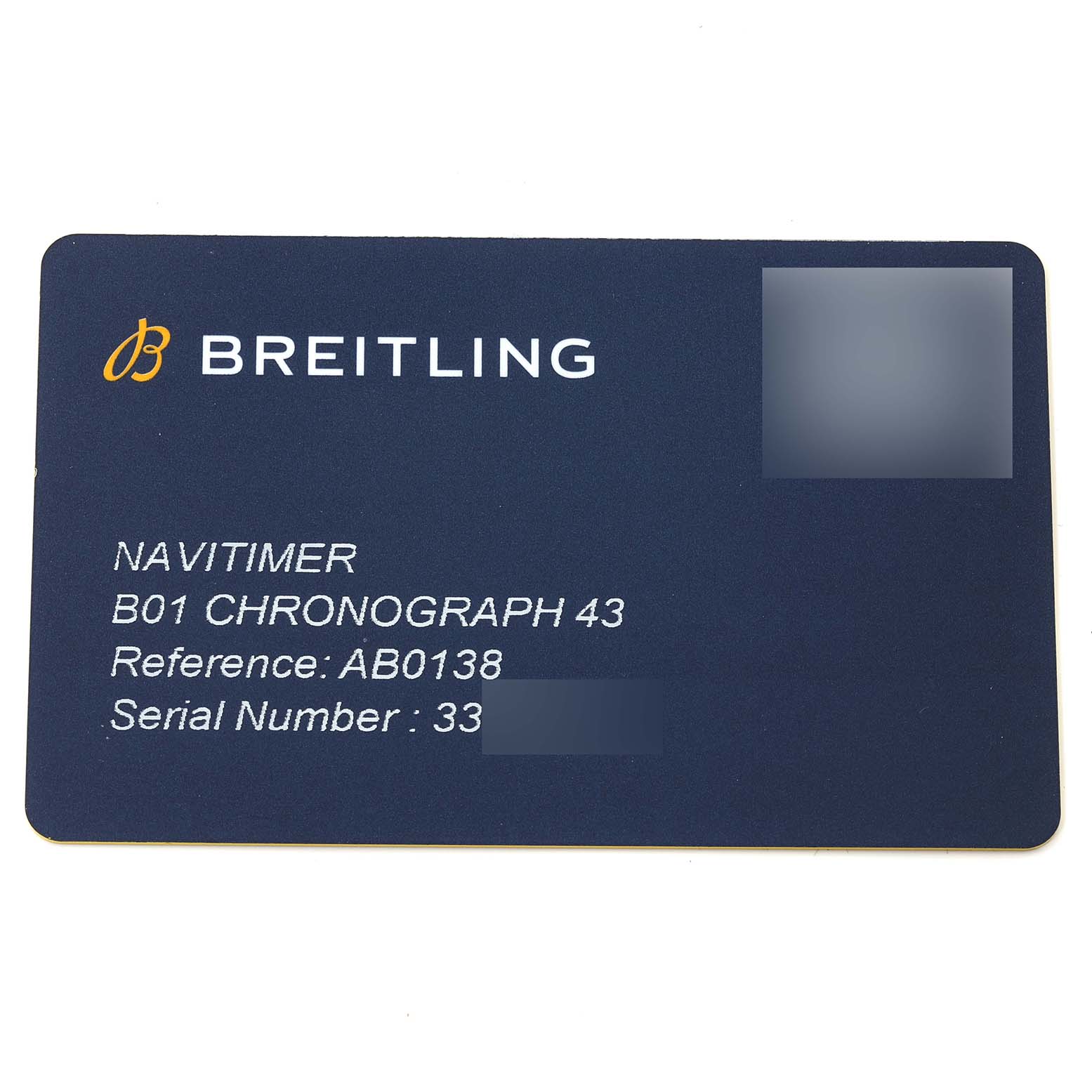 This is the identification card for the Breitling Navitimer AB0138 Men's Stainless Steel Blue Dial AB0138 Men's Stainless Steel Blue Dial B01 Chronograph 43 model, showing reference and serial numbers.