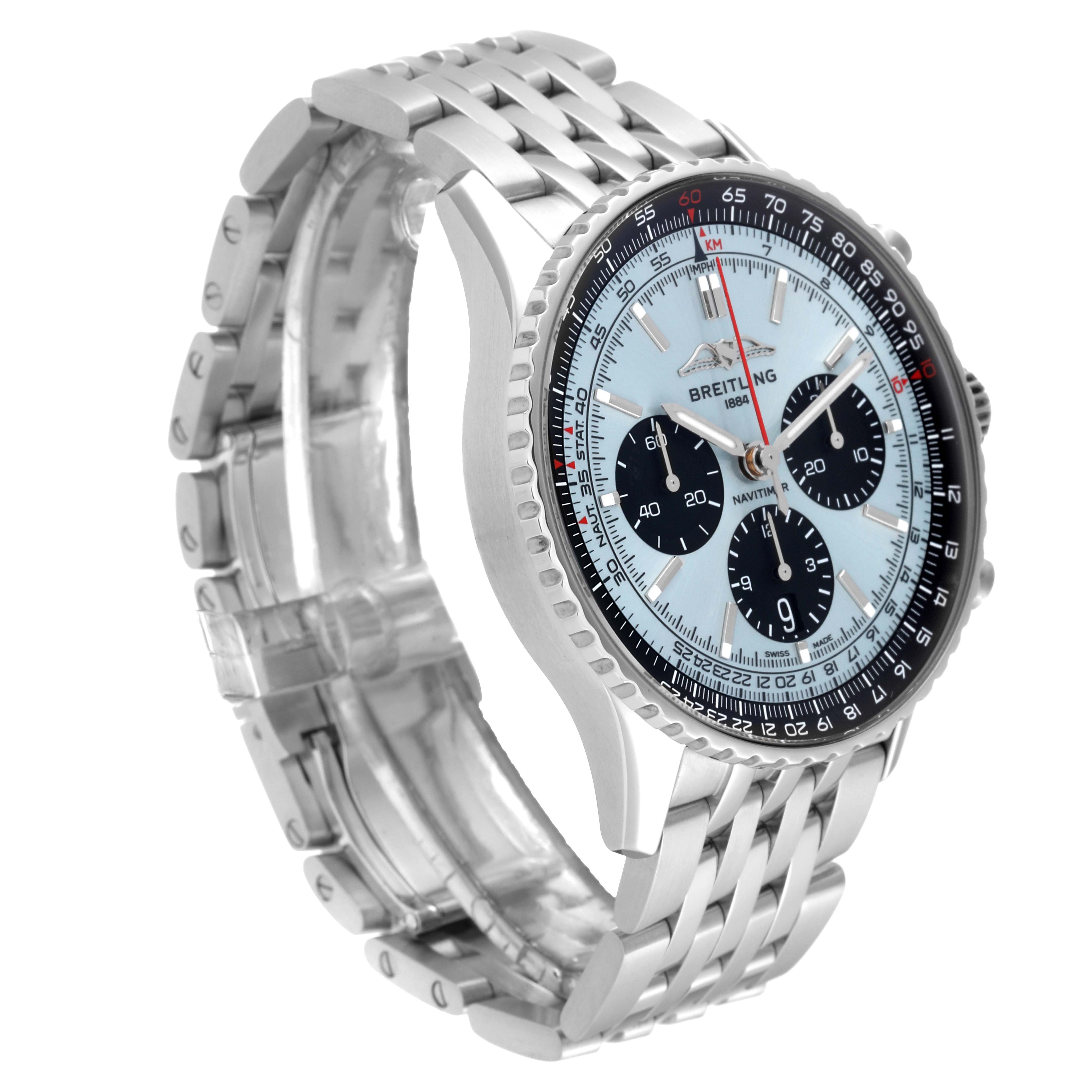 The image shows a side angle of a Breitling Navitimer AB0138 Men's Stainless Steel Blue Dial AB0138 Men's Stainless Steel Blue Dial watch, displaying the face, bezel, and a part of the metal bracelet.