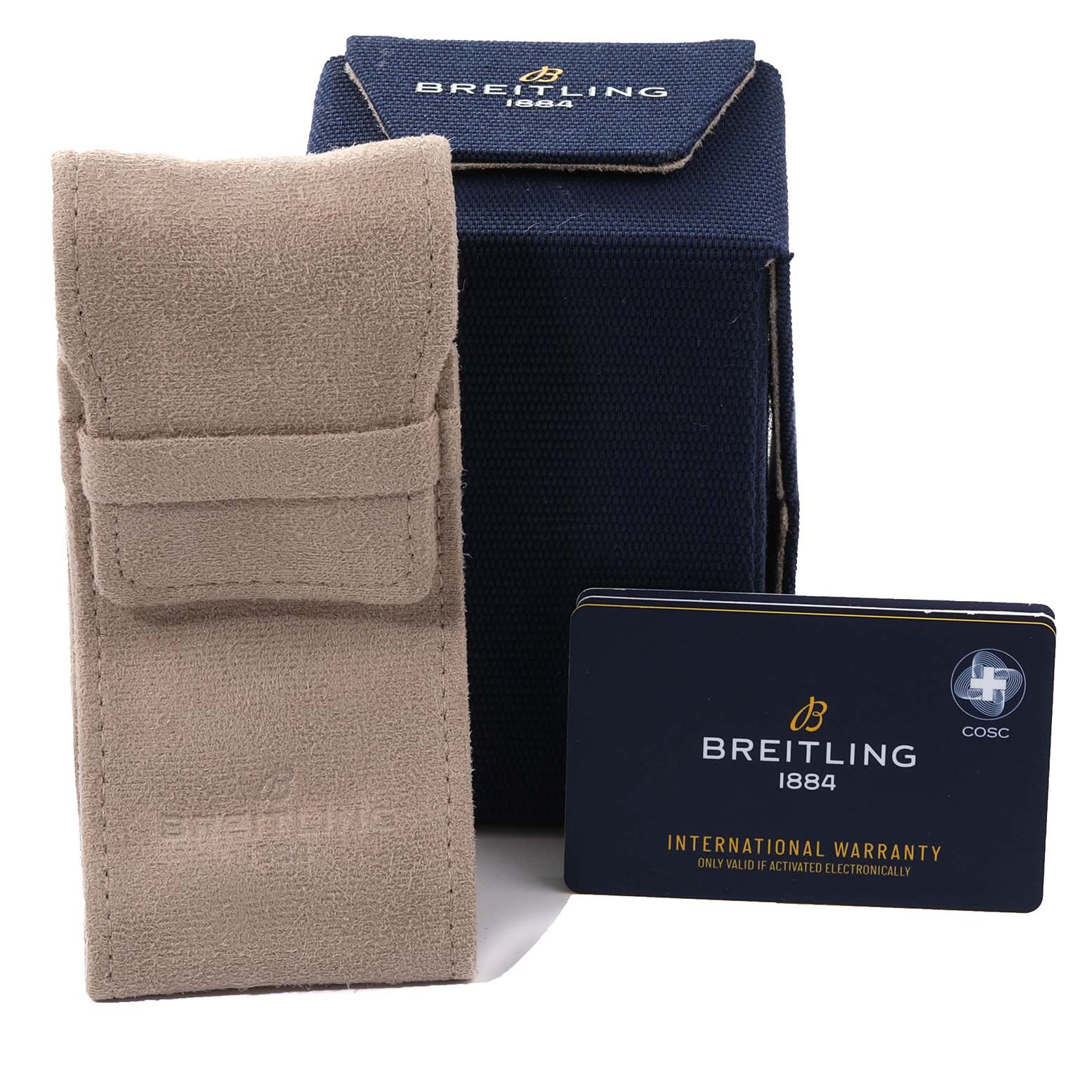 The image shows a tan protective case, a blue fabric box, and an international warranty card for a Breitling Navitimer AB0138 Men's Stainless Steel Blue Dial AB0138 Men's Stainless Steel Blue Dial watch.
