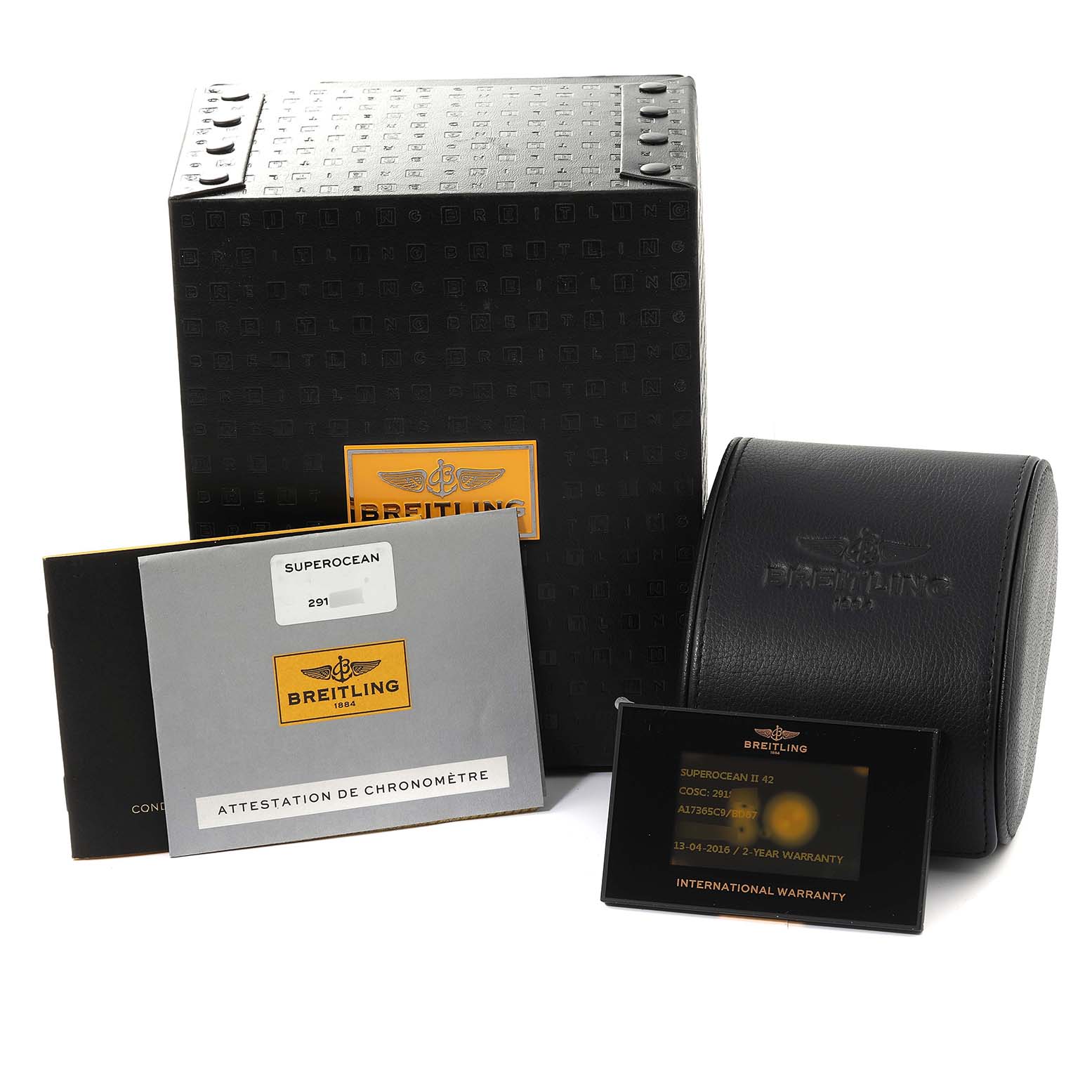 The image shows the packaging, warranty card, and accessories for a Breitling Superocean A17365 Men's Stainless Steel Black Dial A17365 Men's Stainless Steel Black Dial watch.