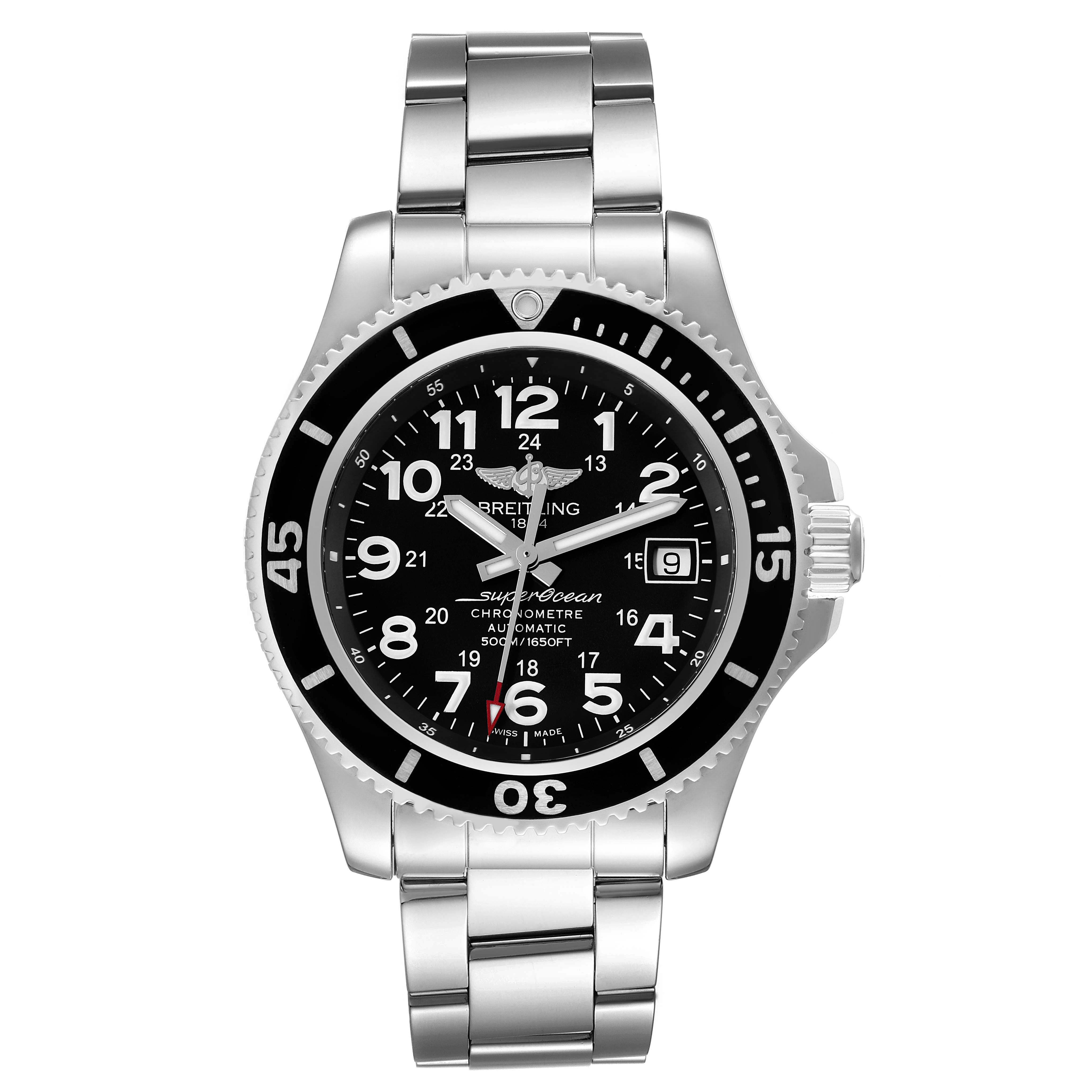 The image shows a front view of a Breitling Superocean A17365 Men's Stainless Steel Black Dial A17365 Men's Stainless Steel Black Dial watch with a stainless steel bracelet and black dial.