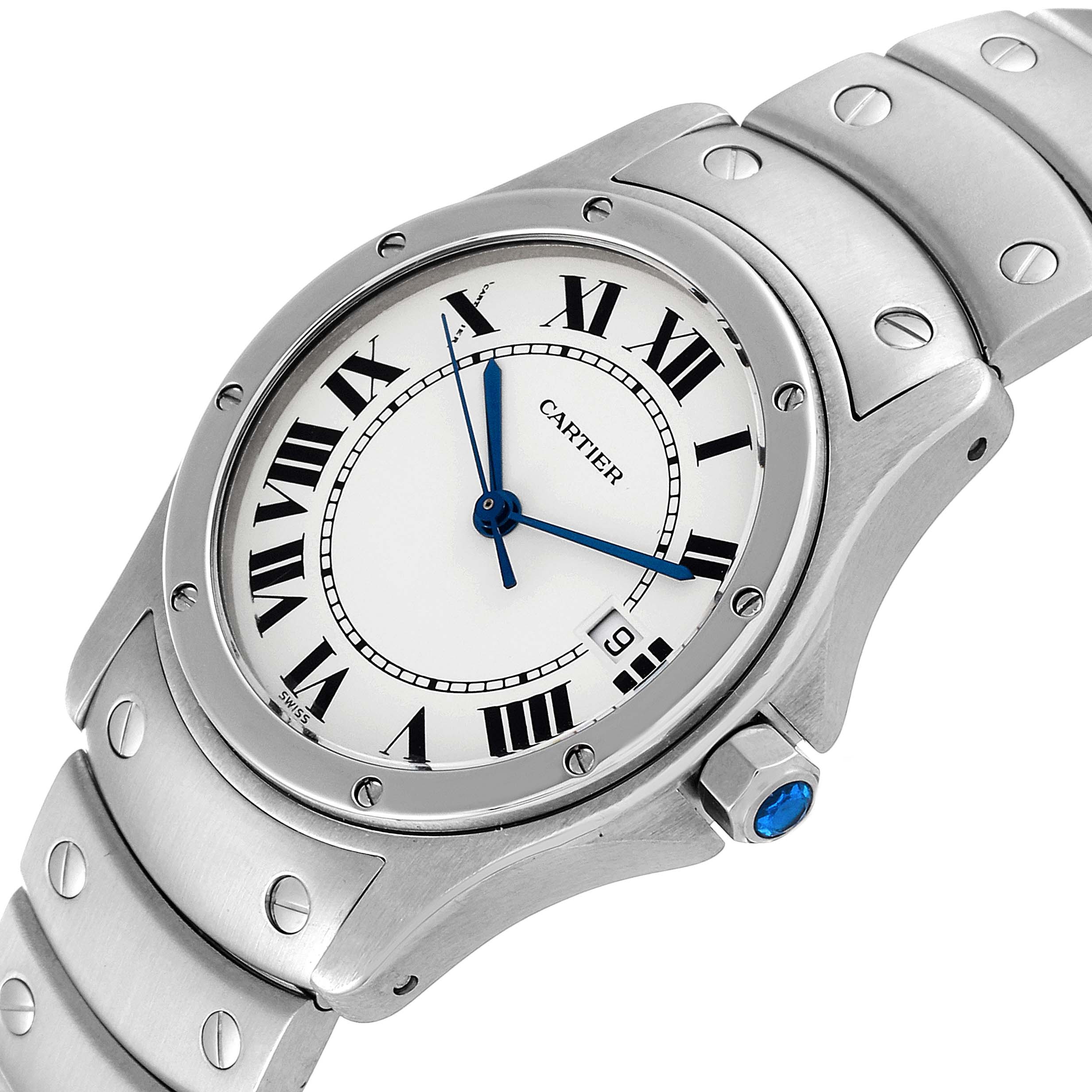 The image shows a close-up of a Cartier Santos W20027K1 Women
s Stainless Steel Silver Dial W20027K1 Women
s Stainless Steel Silver Dial watch, featuring the face, bezel, and part of the bracelet.