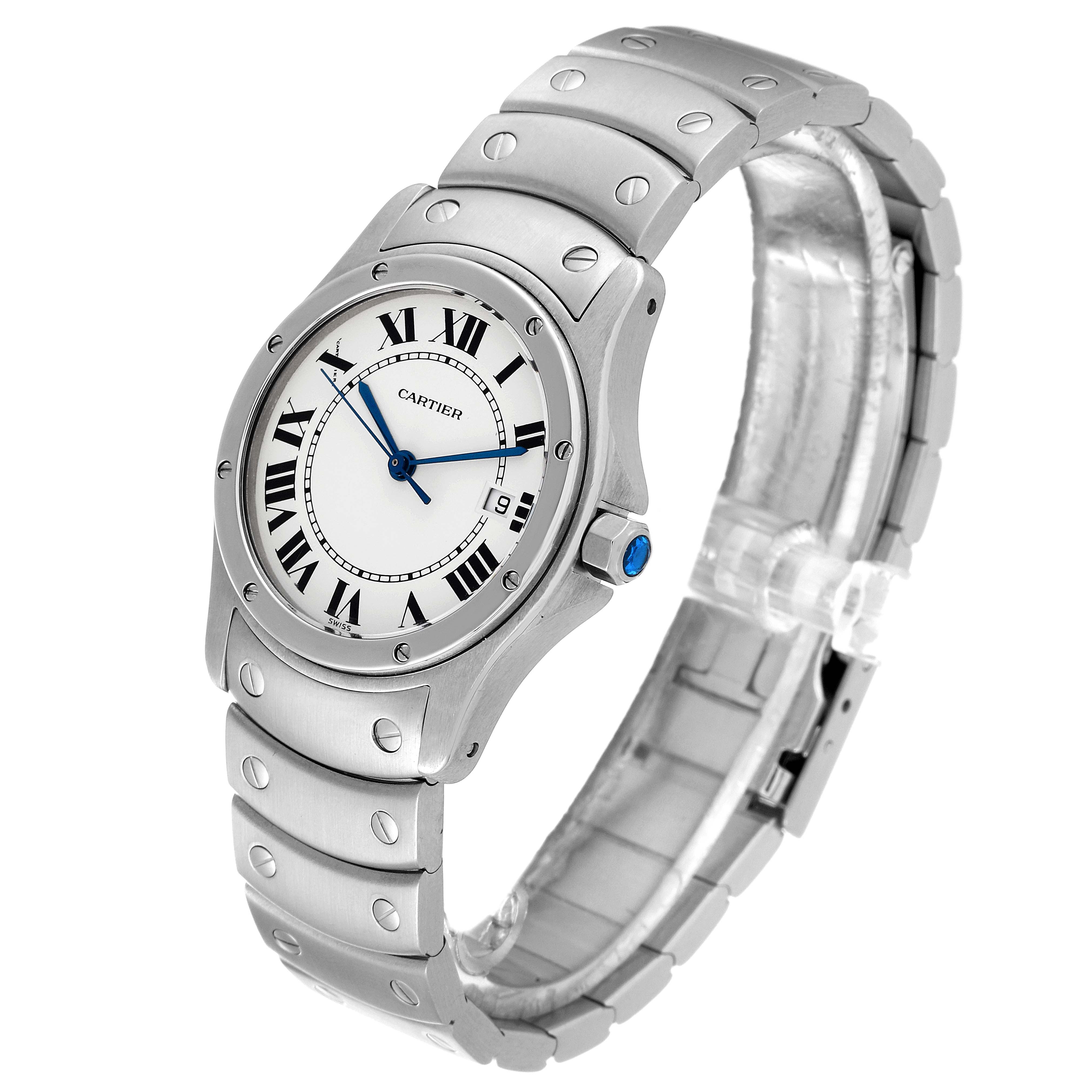 The image showcases the side view of a Cartier Santos W20027K1 Women
s Stainless Steel Silver Dial W20027K1 Women
s Stainless Steel Silver Dial model watch including its face, bezel, bracelet, and crown.