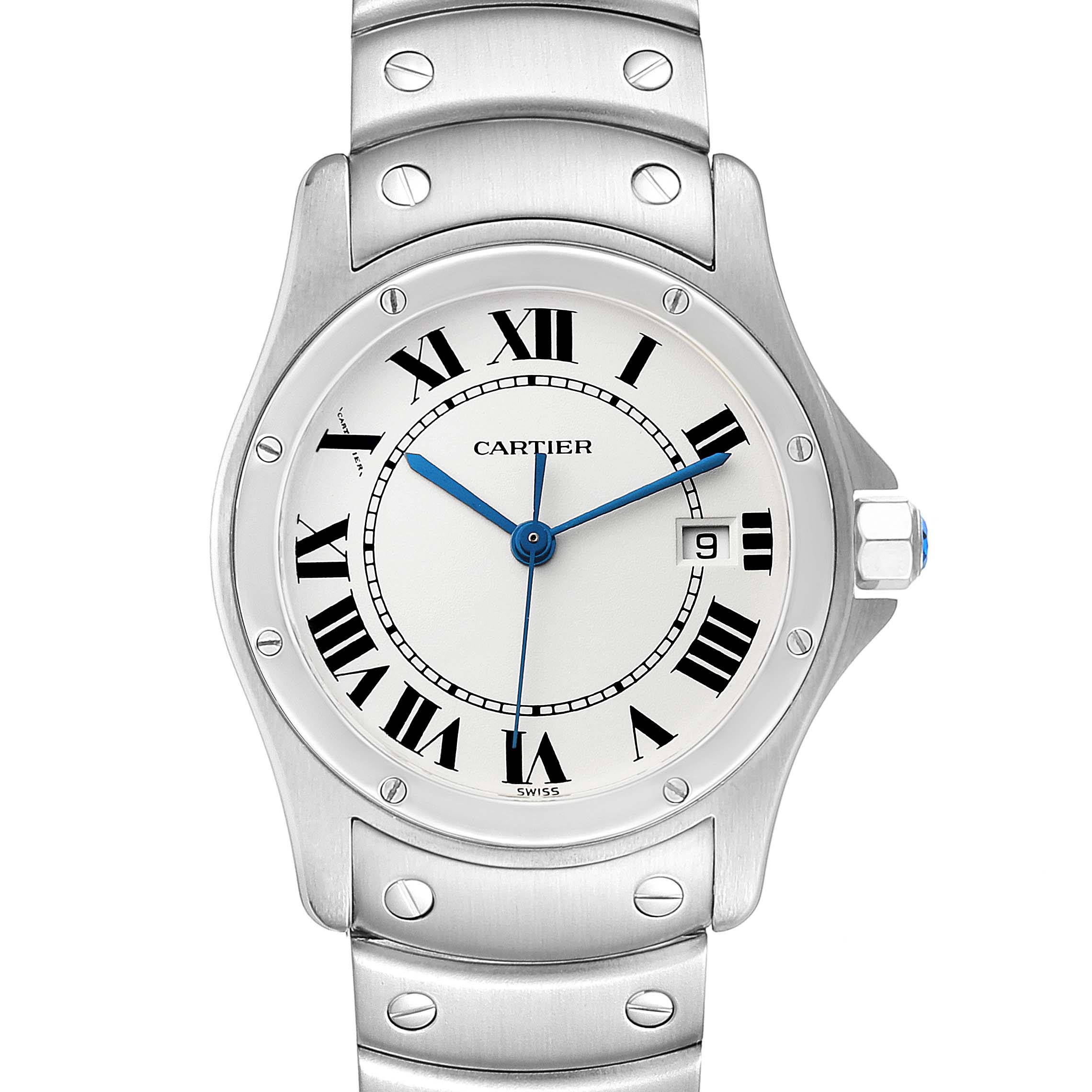 The image shows a front view of the Cartier Santos W20027K1 Women
s Stainless Steel Silver Dial W20027K1 Women
s Stainless Steel Silver Dial watch, highlighting its face, bezel, bracelet, and crown.