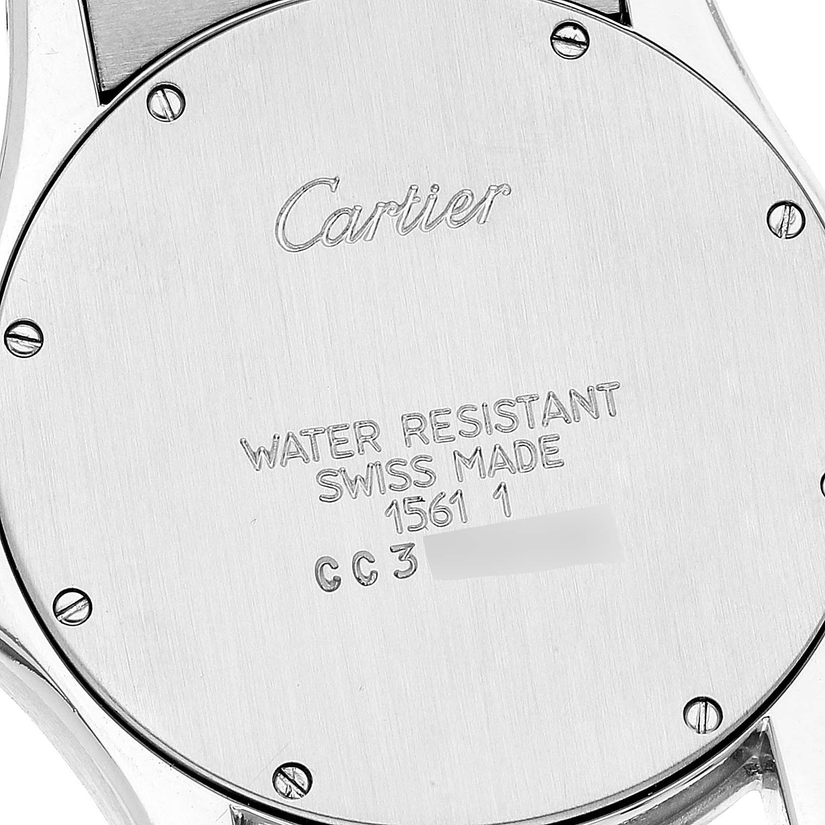 The image shows the back case of the Santos watch model by Cartier at a close-up angle.