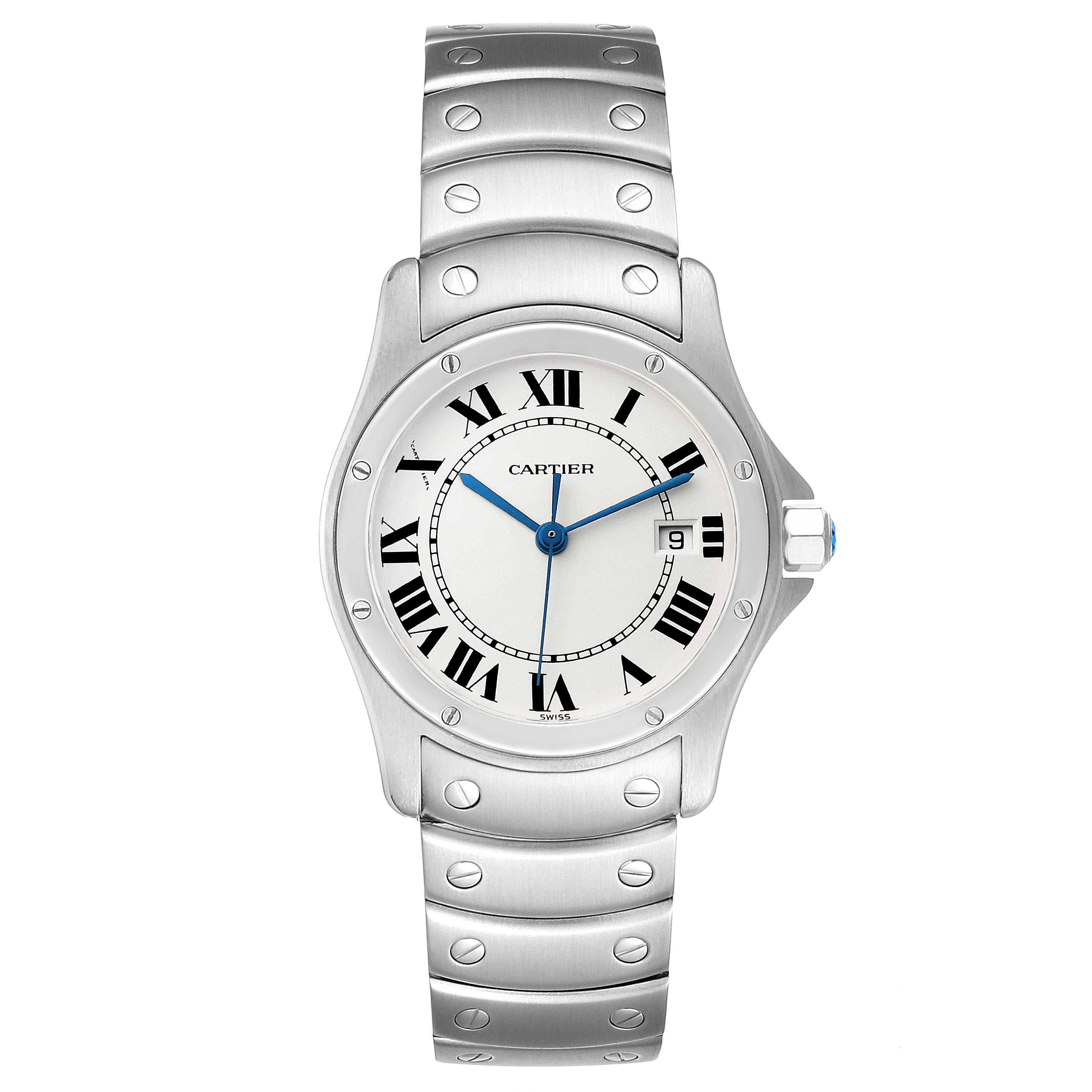 This image shows the front view of a Cartier Santos W20027K1 Women
s Stainless Steel Silver Dial W20027K1 Women
s Stainless Steel Silver Dial watch, highlighting the dial, bezel, and metal bracelet.