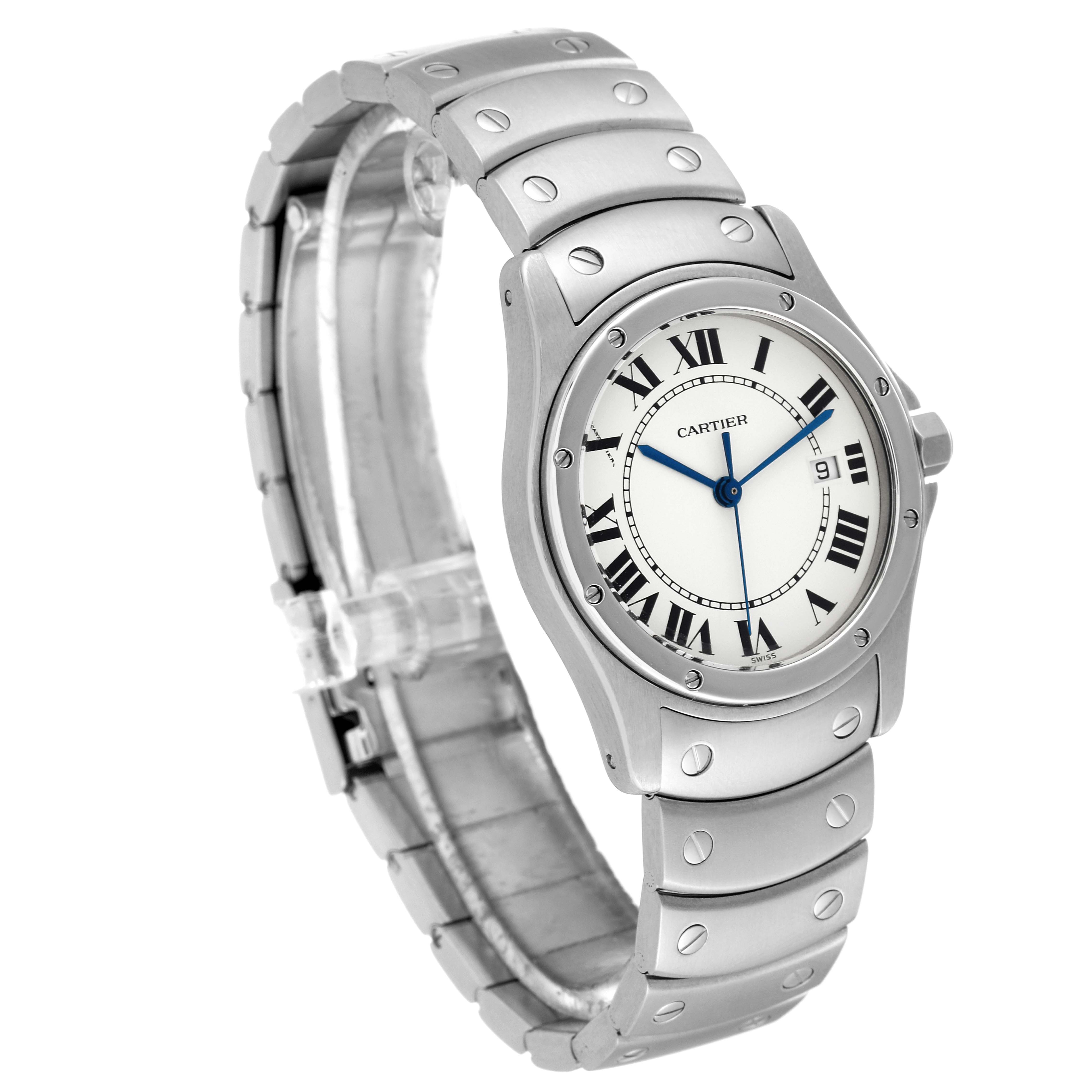The Cartier Santos W20027K1 Women
s Stainless Steel Silver Dial W20027K1 Women
s Stainless Steel Silver Dial watch is shown from a three-quarter angle, displaying its face, bracelet, and clasp features.