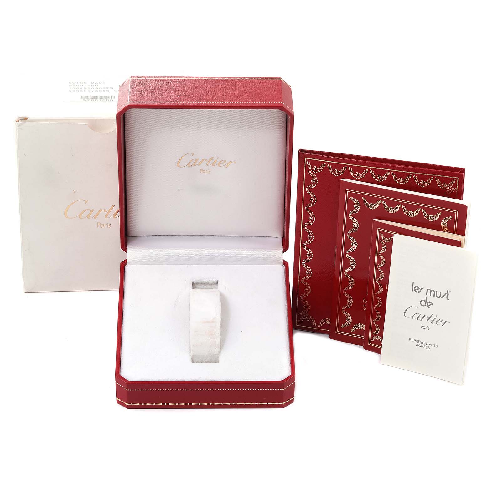 The image shows a Cartier Santos W20027K1 Women
s Stainless Steel Silver Dial W20027K1 Women
s Stainless Steel Silver Dial watch box and accompanying documentation from a front angle.