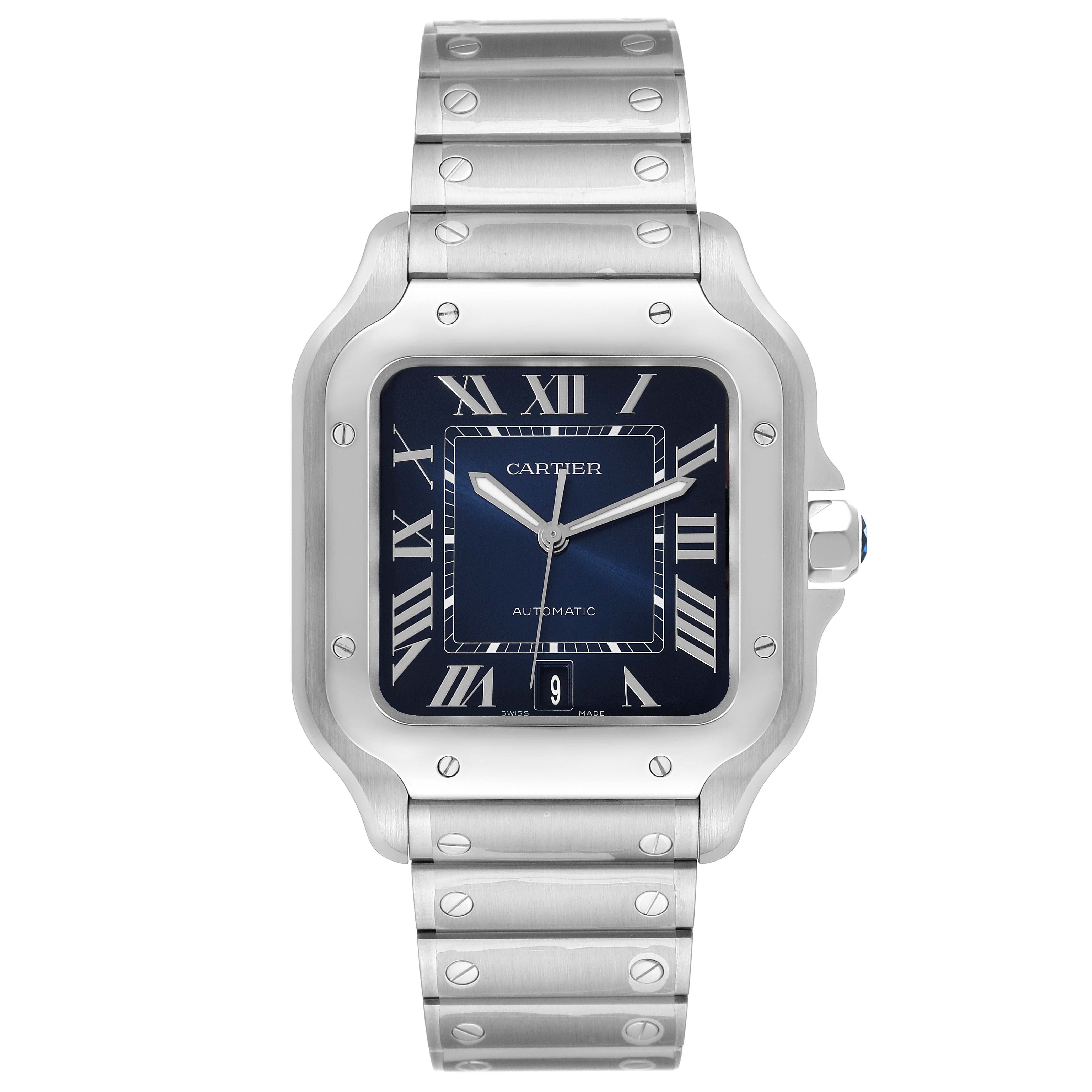 This image shows a straight-on view of the Santos model by Cartier, featuring its face, bezel, and metal bracelet.