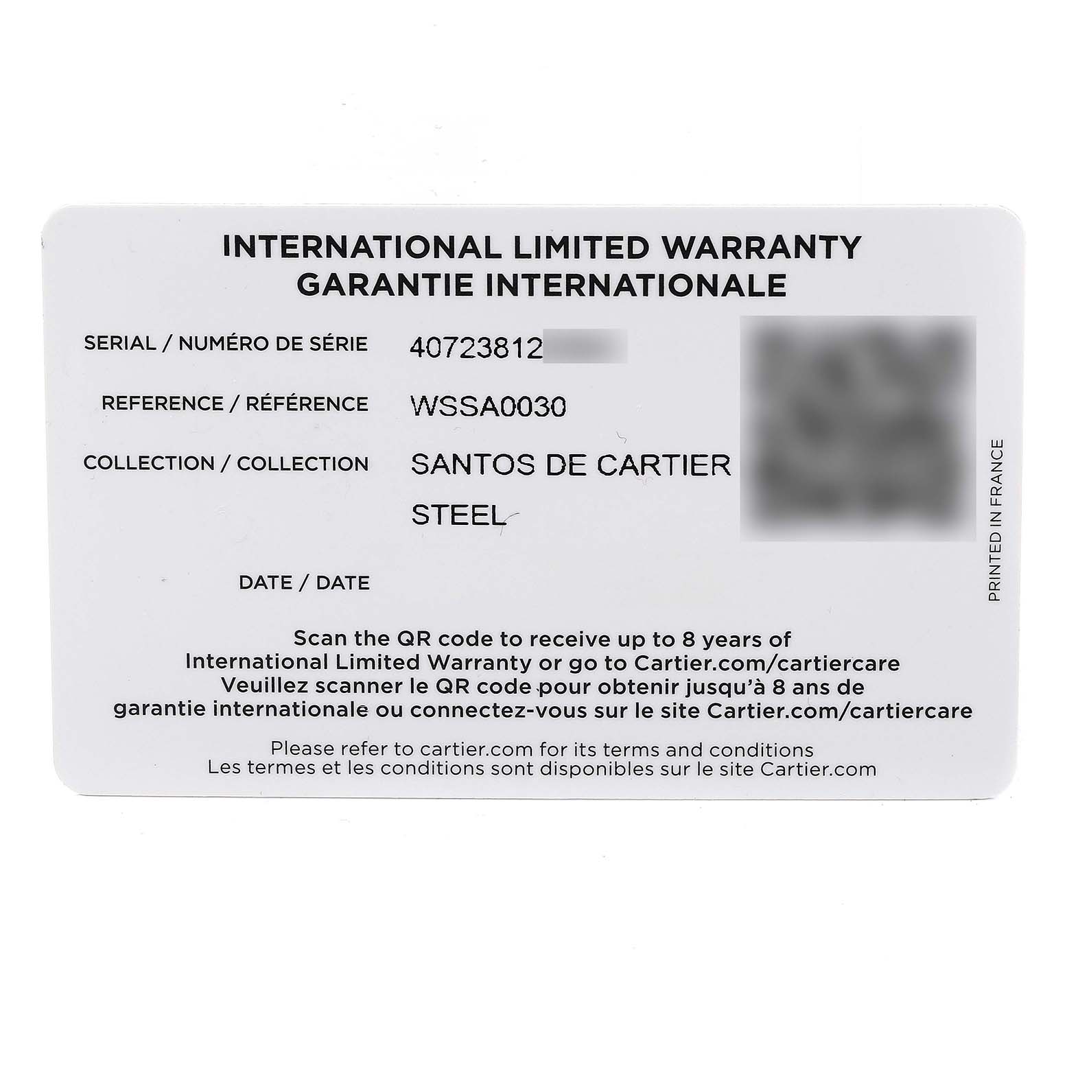 This image shows the international limited warranty card for the Santos de Cartier watch, specifying the serial number and reference.