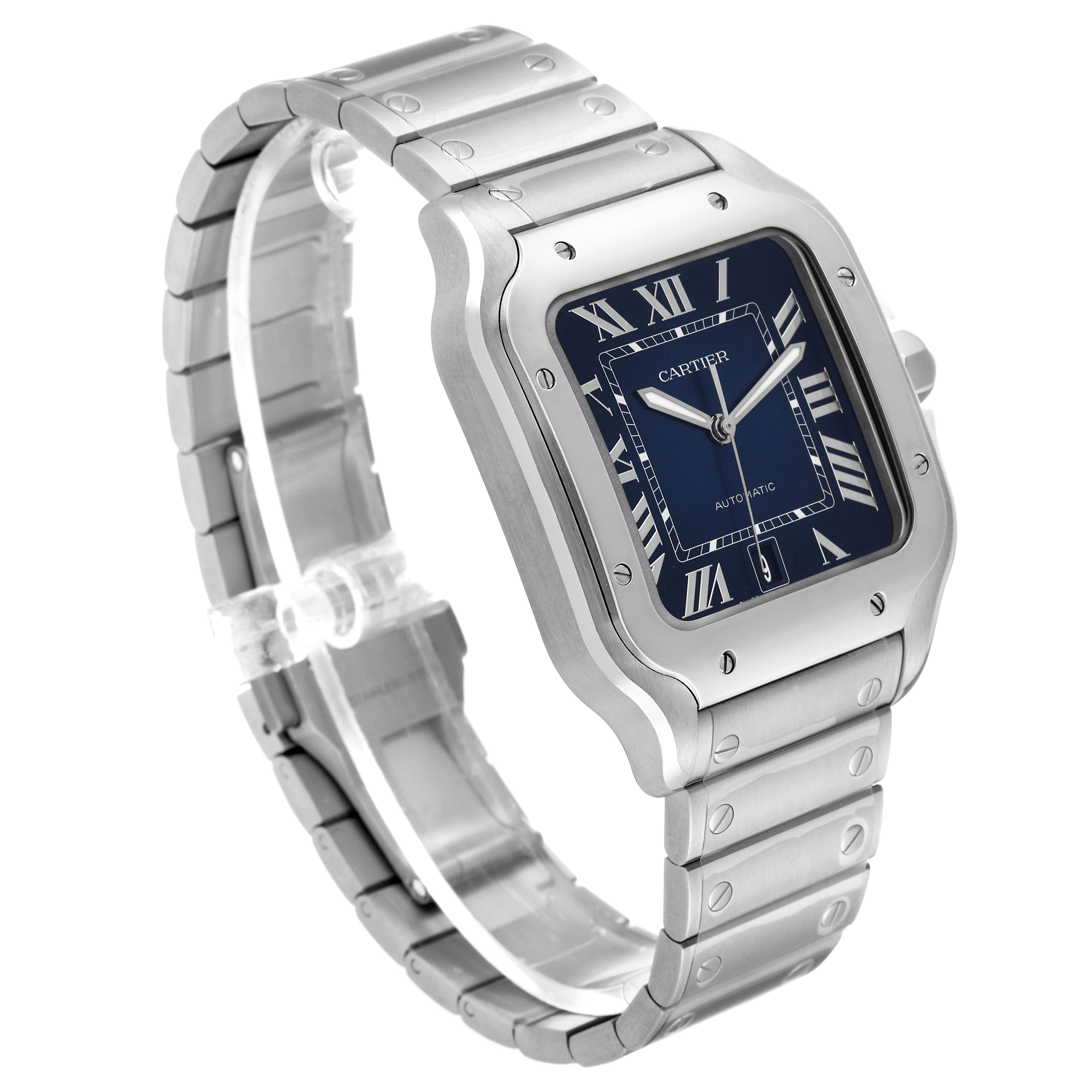 The image shows a Cartier Santos WSSA0030 Men's Stainless Steel Blue Dial WSSA0030 Men's Stainless Steel Blue Dial watch at a three-quarter angle highlighting its face, bezel, and bracelet.