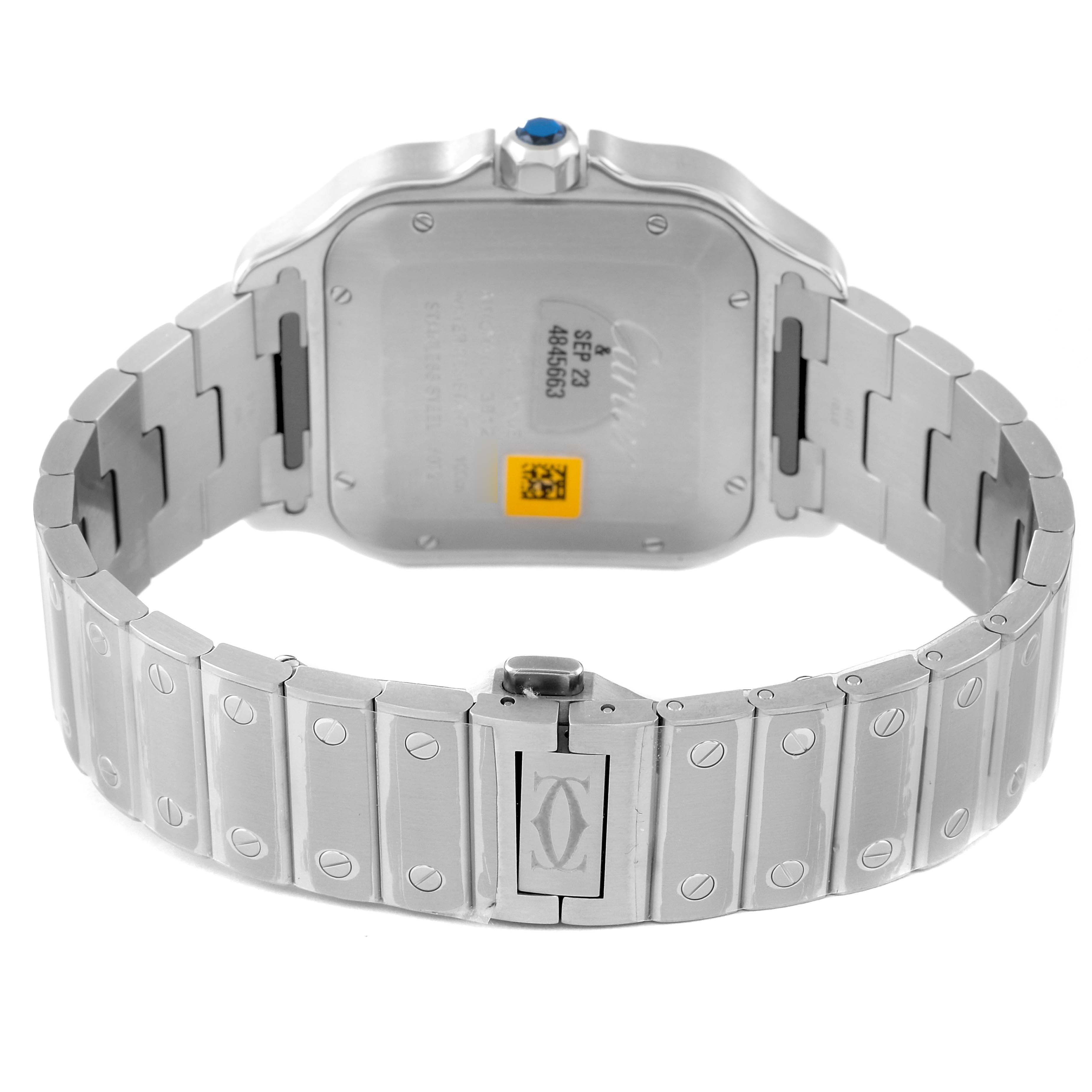 This image shows the rear view of a Cartier Santos WSSA0030 Men's Stainless Steel Blue Dial WSSA0030 Men's Stainless Steel Blue Dial watch, highlighting its stainless steel case back and bracelet.