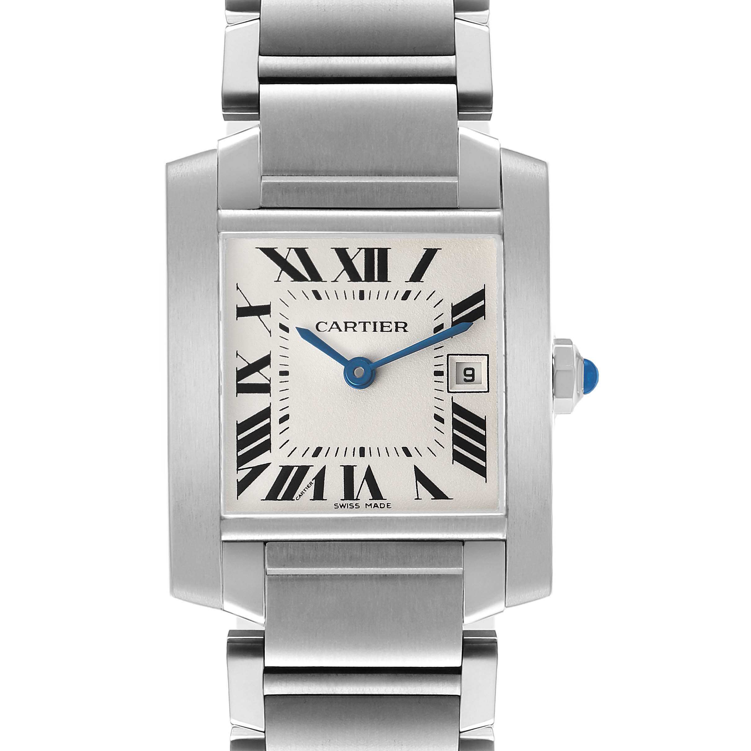The Cartier Tank Française watch is shown from a top-down angle, highlighting the face, bracelet, and crown.