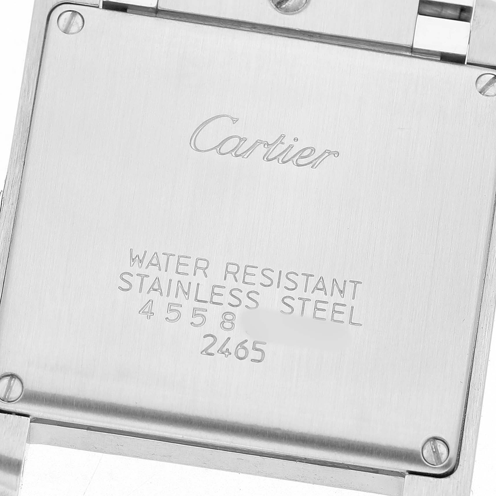 The image shows the back case of a Cartier Tank Française watch, detailing its water resistance and material.