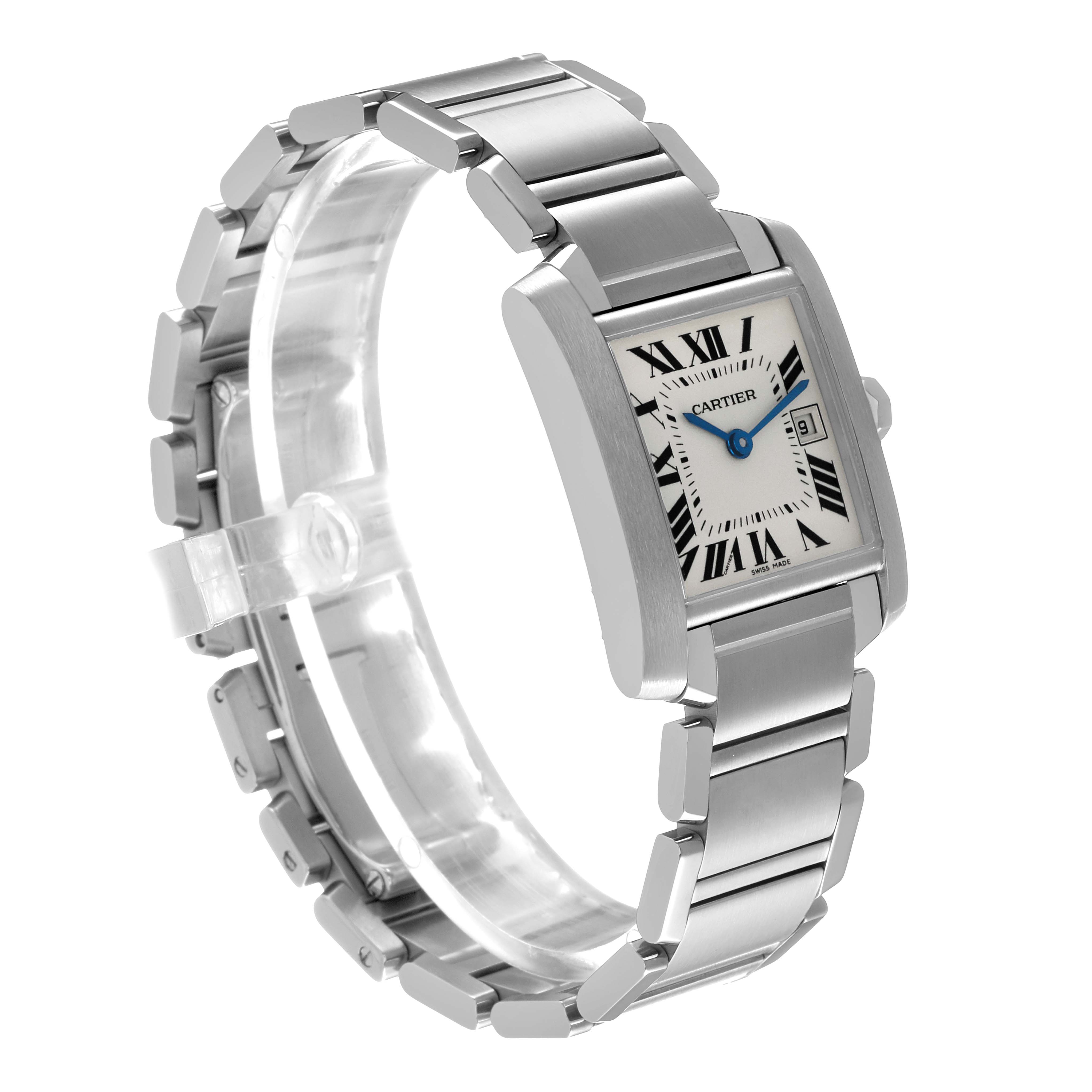 The Cartier Tank Française watch is shown at an angle highlighting its rectangular case, bracelet, and Roman numeral dial.