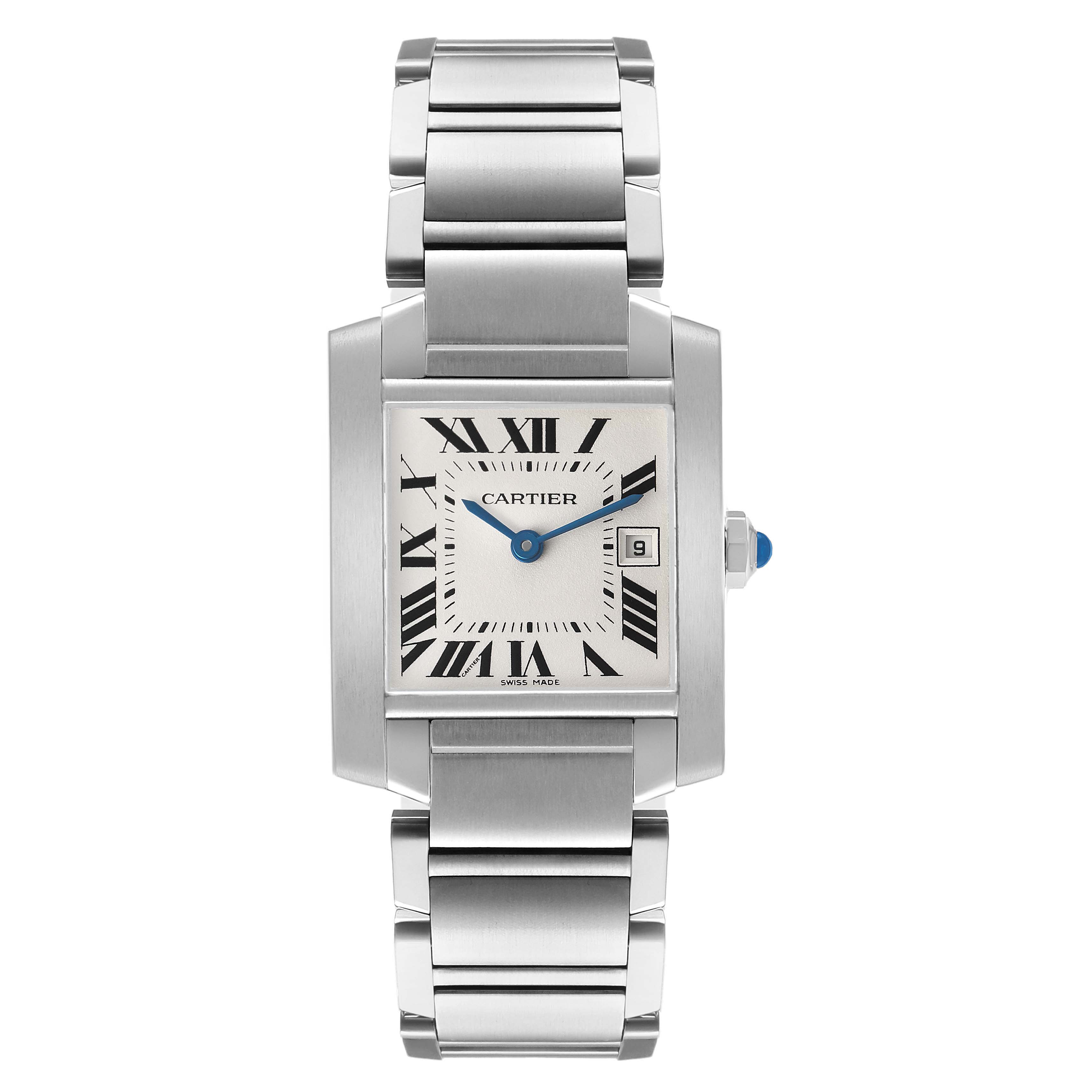 The Cartier Tank Francaise W51011Q3 Women's Stainless Steel Silver Dial is shown from a top view, highlighting the face, bracelet, and crown.