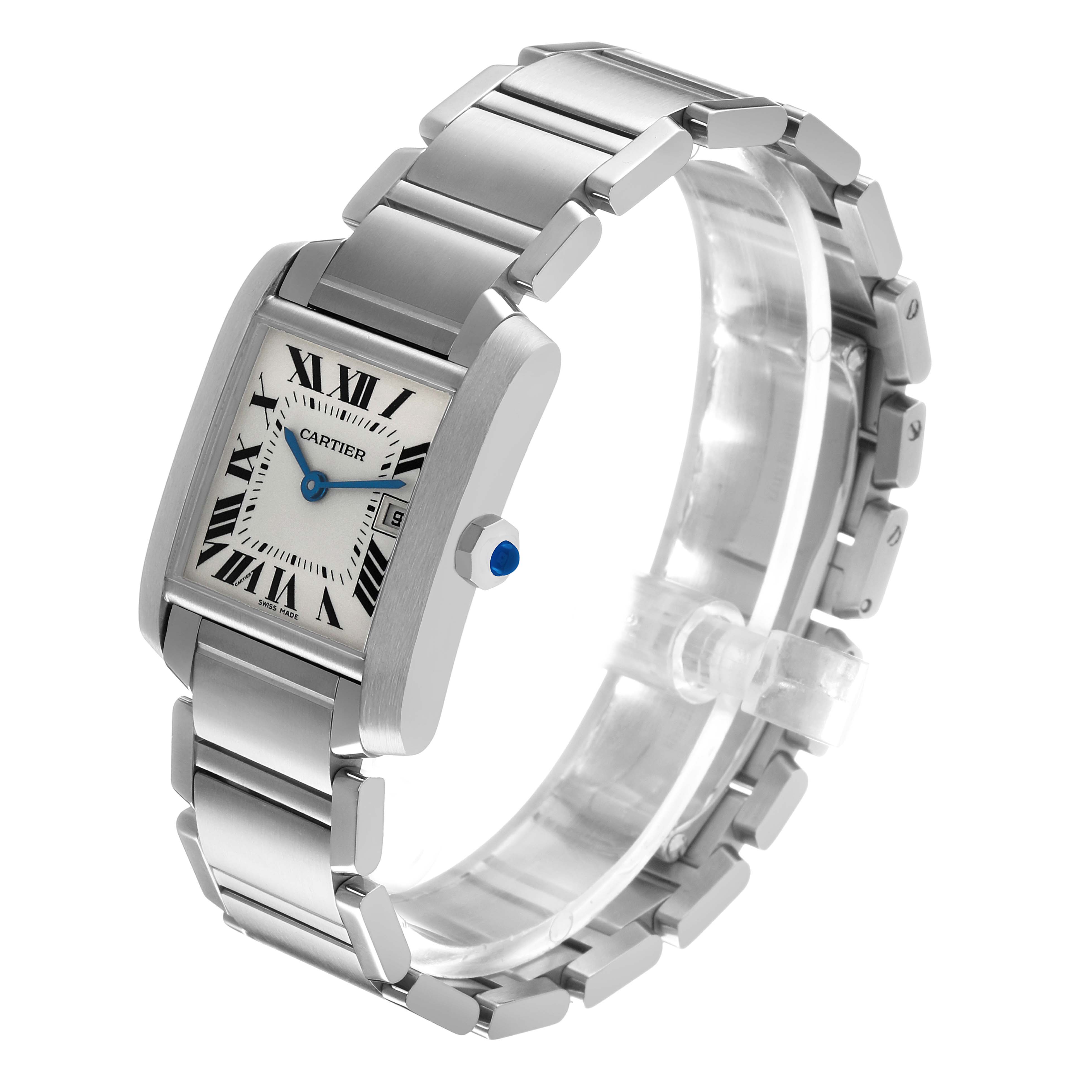 The Cartier Tank Francaise W51011Q3 Women's Stainless Steel Silver Dial watch is shown at an angled view, displaying its rectangular face, bracelet, and blue cabochon crown.