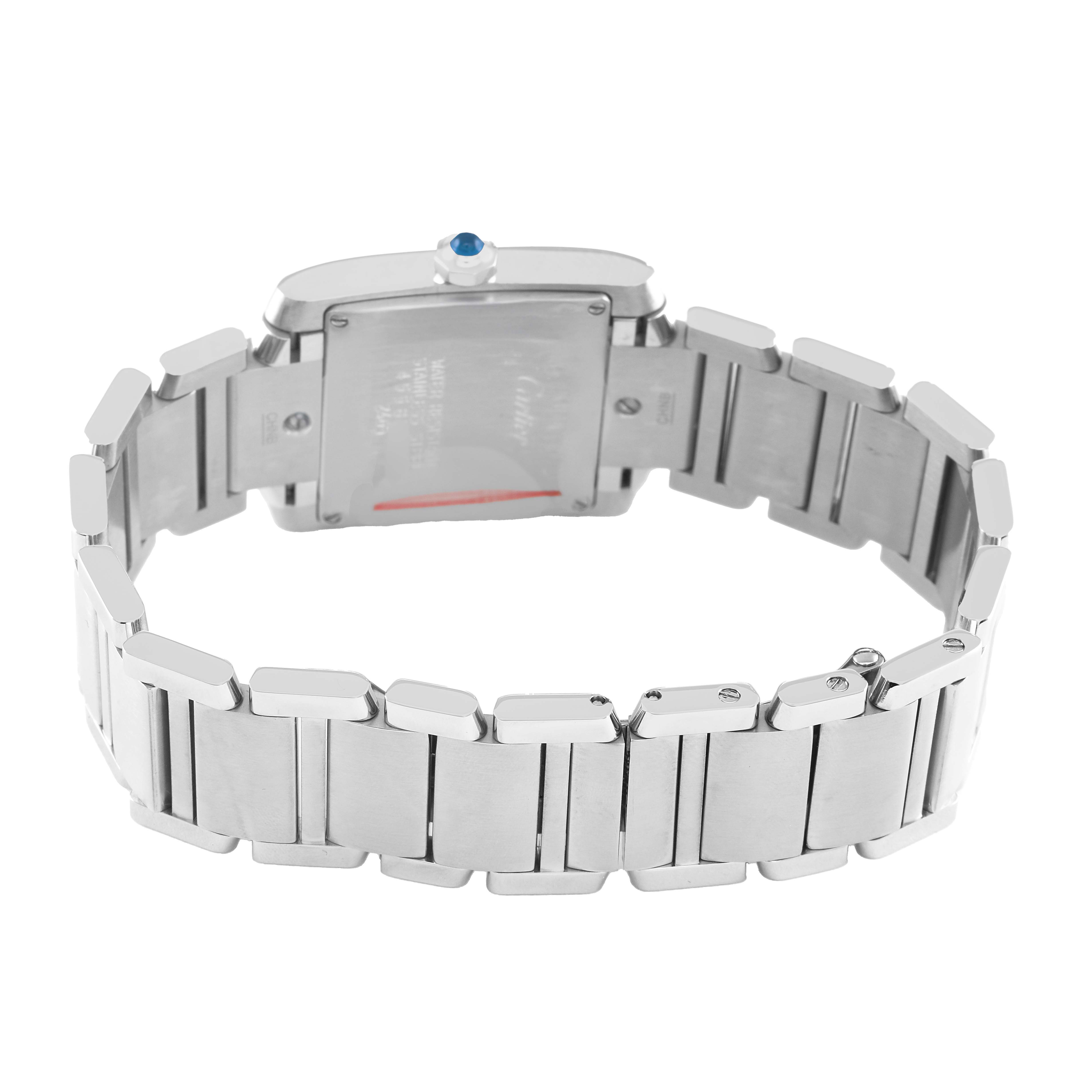 The image shows the back of a Cartier Tank Française, highlighting the bracelet and case back.