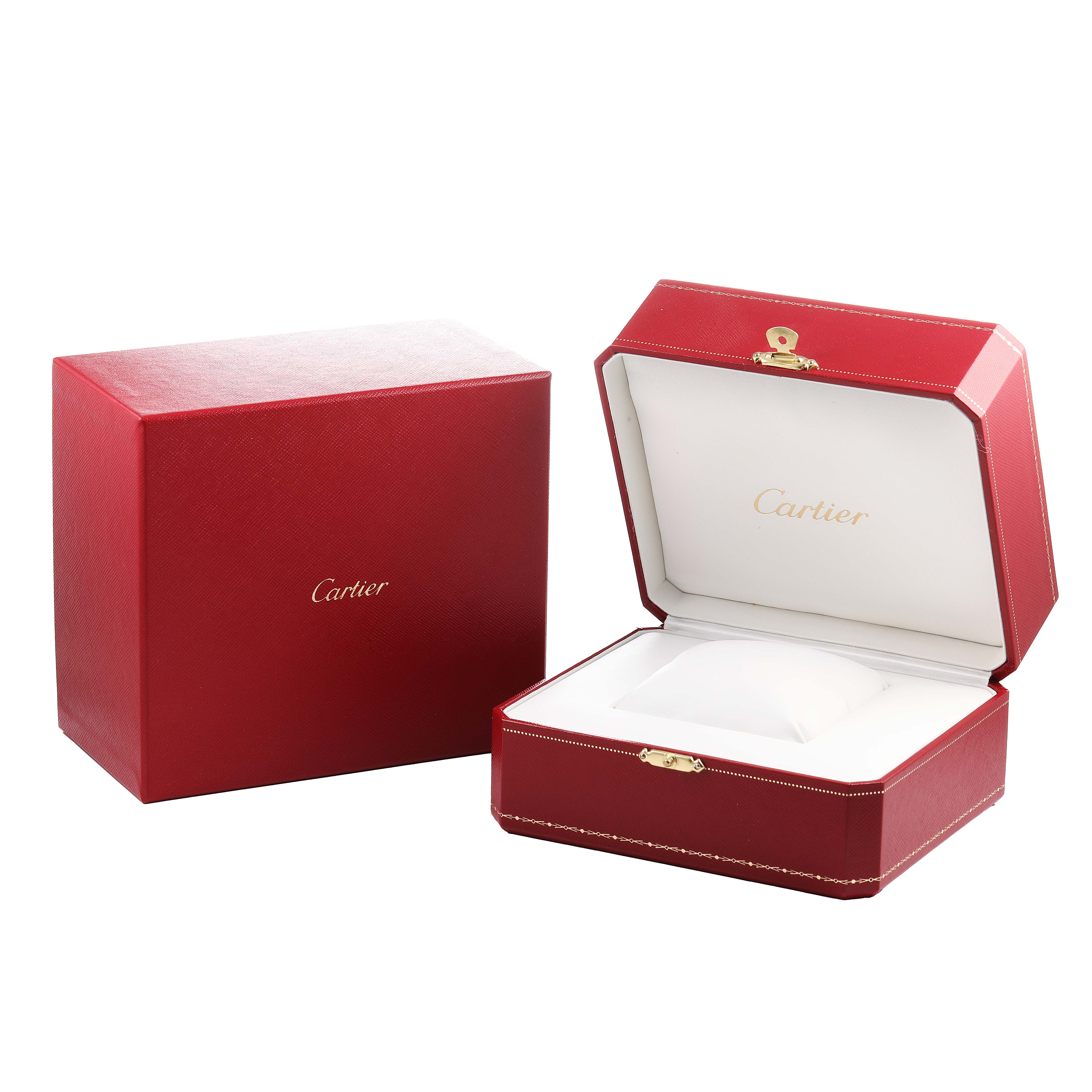 The image shows a Cartier Tank Française watch box and outer packaging from a front angle, highlighting the open and closed state.