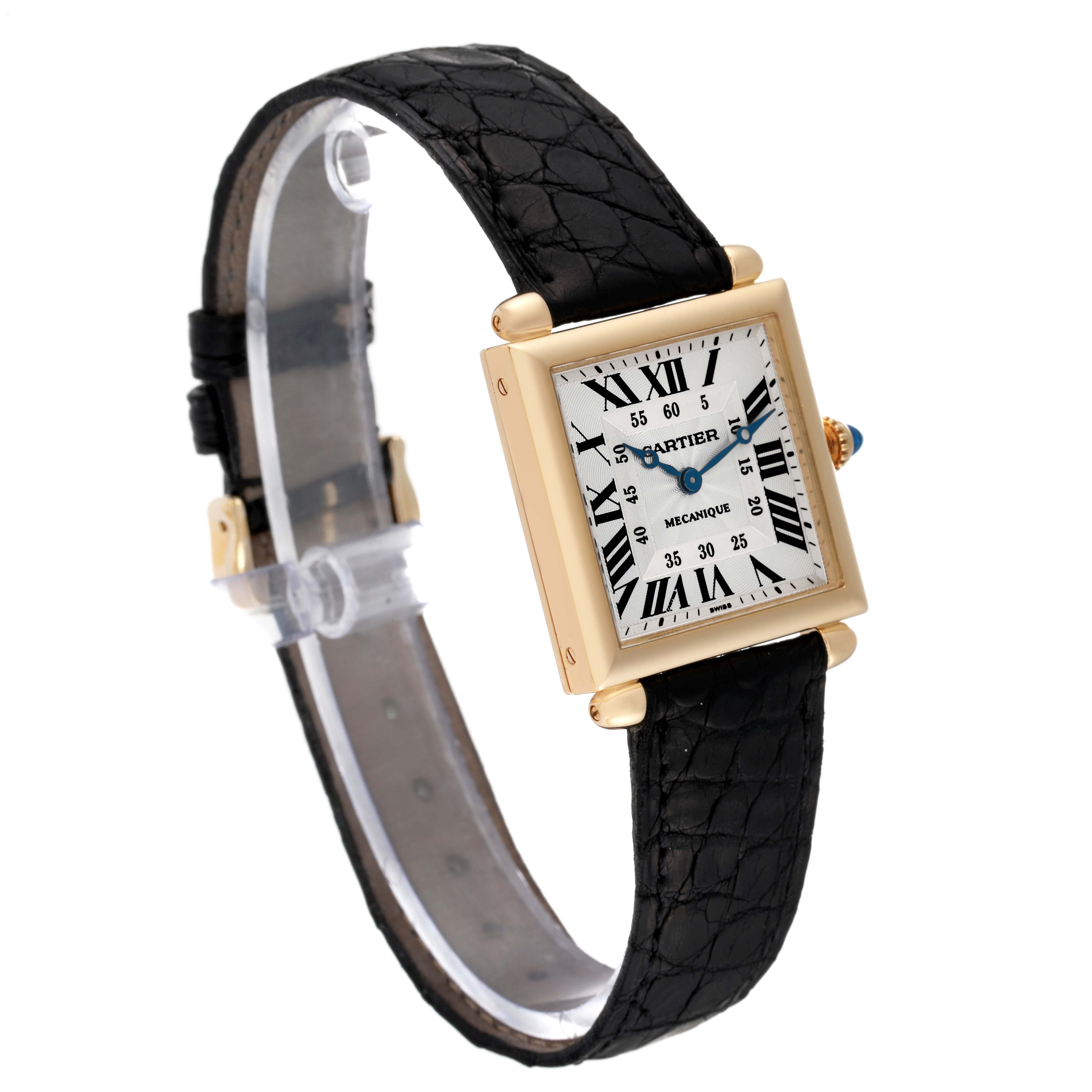 The image shows a Cartier Tank Obus W1527551 Men's Yellow Gold Silver Dial W1527551 Men's Yellow Gold Silver Dial watch at a three-quarter angle, highlighting its face, strap, and crown.