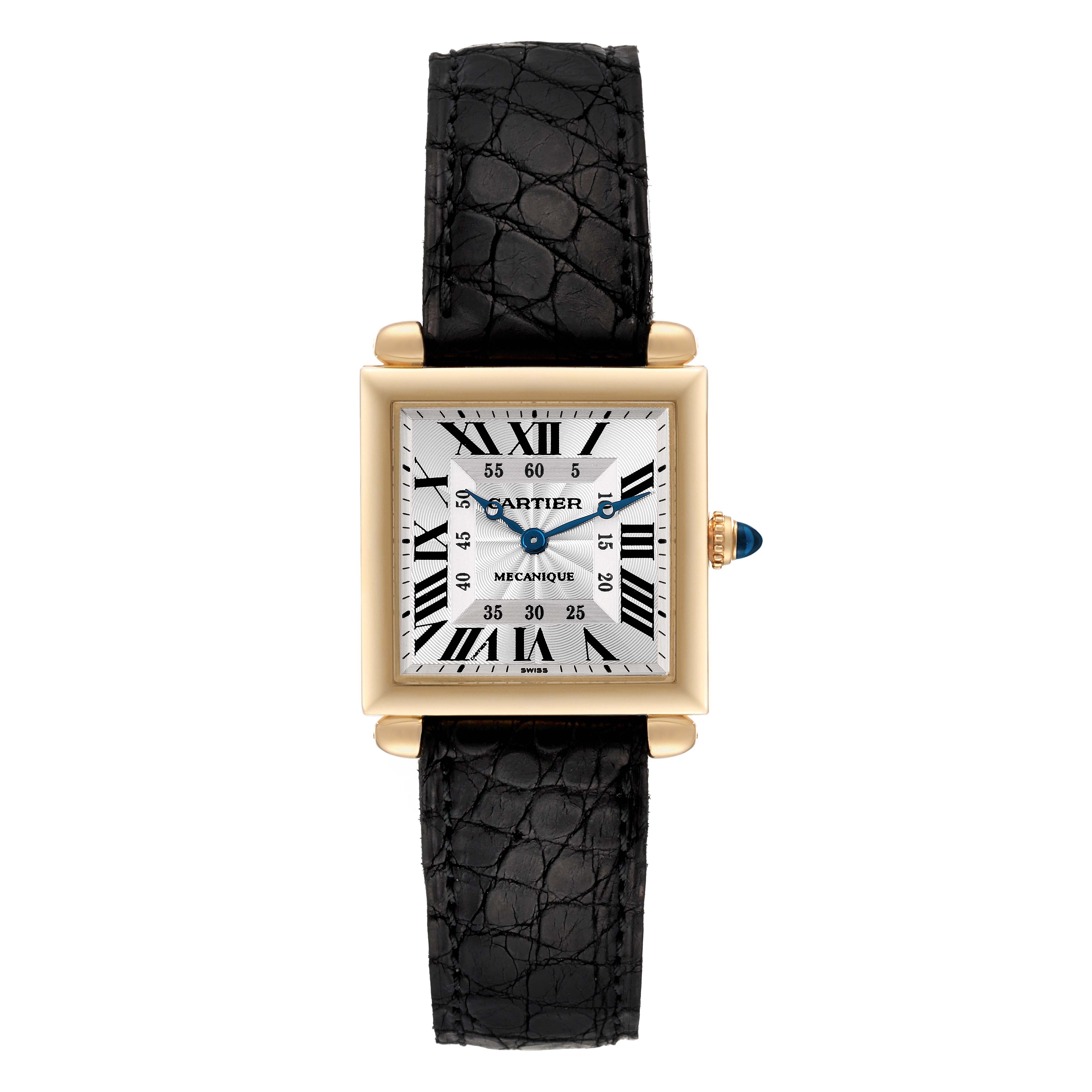 The image shows a frontal view of the Cartier Tank Obus W1527551 Men's Yellow Gold Silver Dial W1527551 Men's Yellow Gold Silver Dial watch, including its face, hands, bezel, and strap.