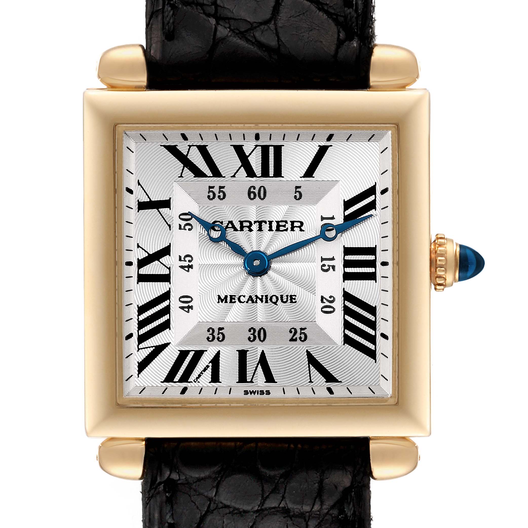 The image shows a frontal view of the Cartier Tank Obus W1527551 Men's Yellow Gold Silver Dial W1527551 Men's Yellow Gold Silver Dial watch, focusing on the face, case, and part of the strap.