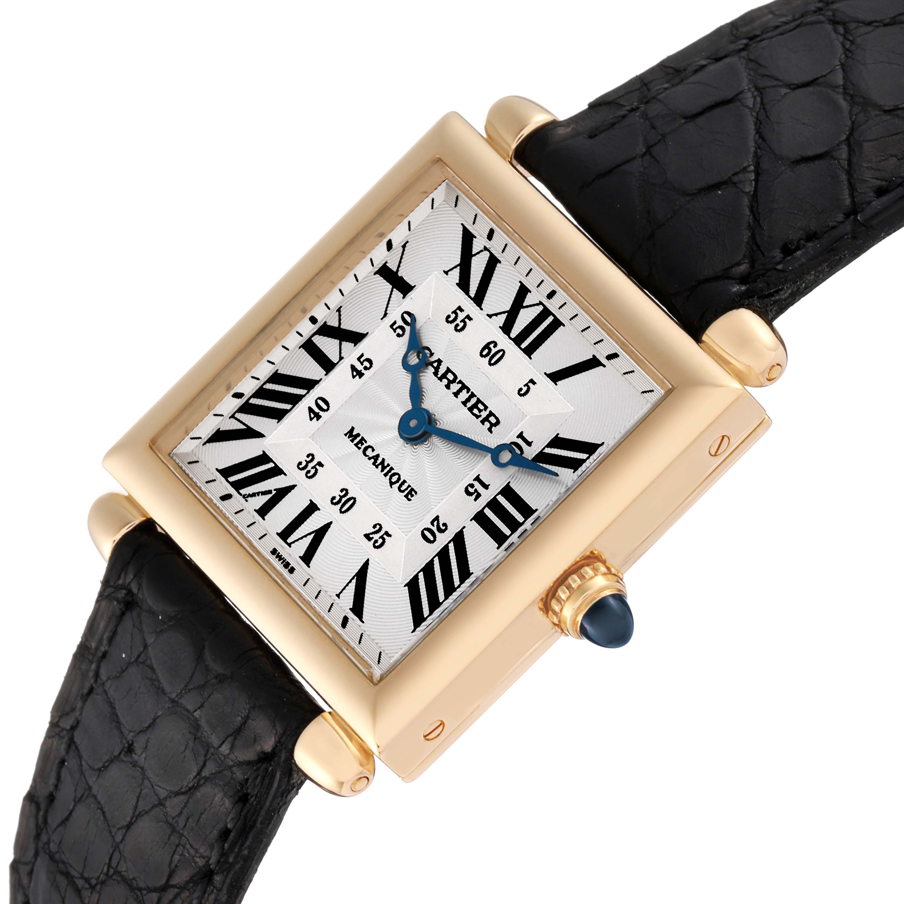 The Cartier Tank Obus W1527551 Men's Yellow Gold Silver Dial W1527551 Men's Yellow Gold Silver Dial watch is shown at an oblique angle, highlighting its rectangular face, gold casing, and black leather strap.